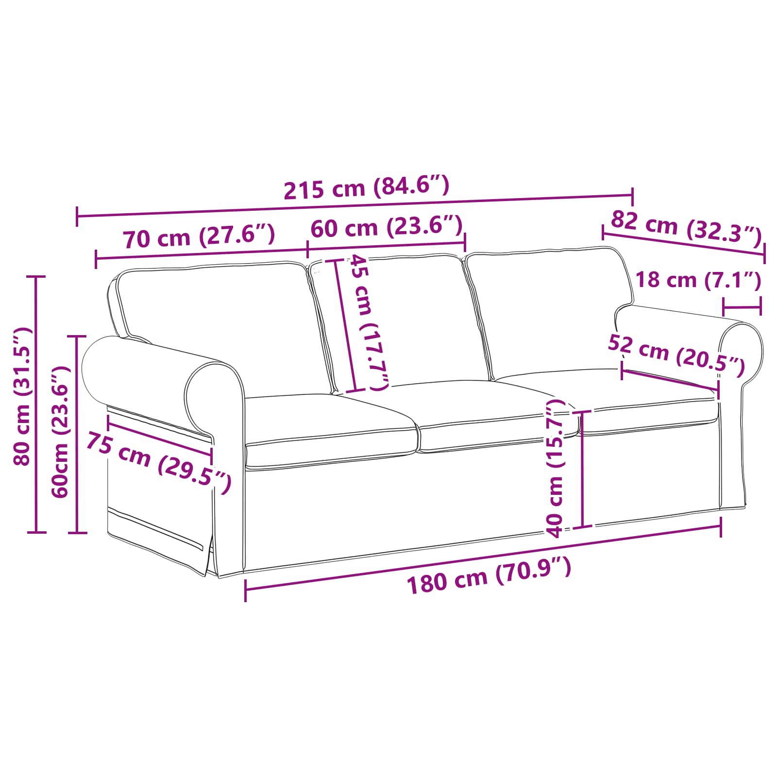Sofa Black 215 x 82 x 80 cm Fabric