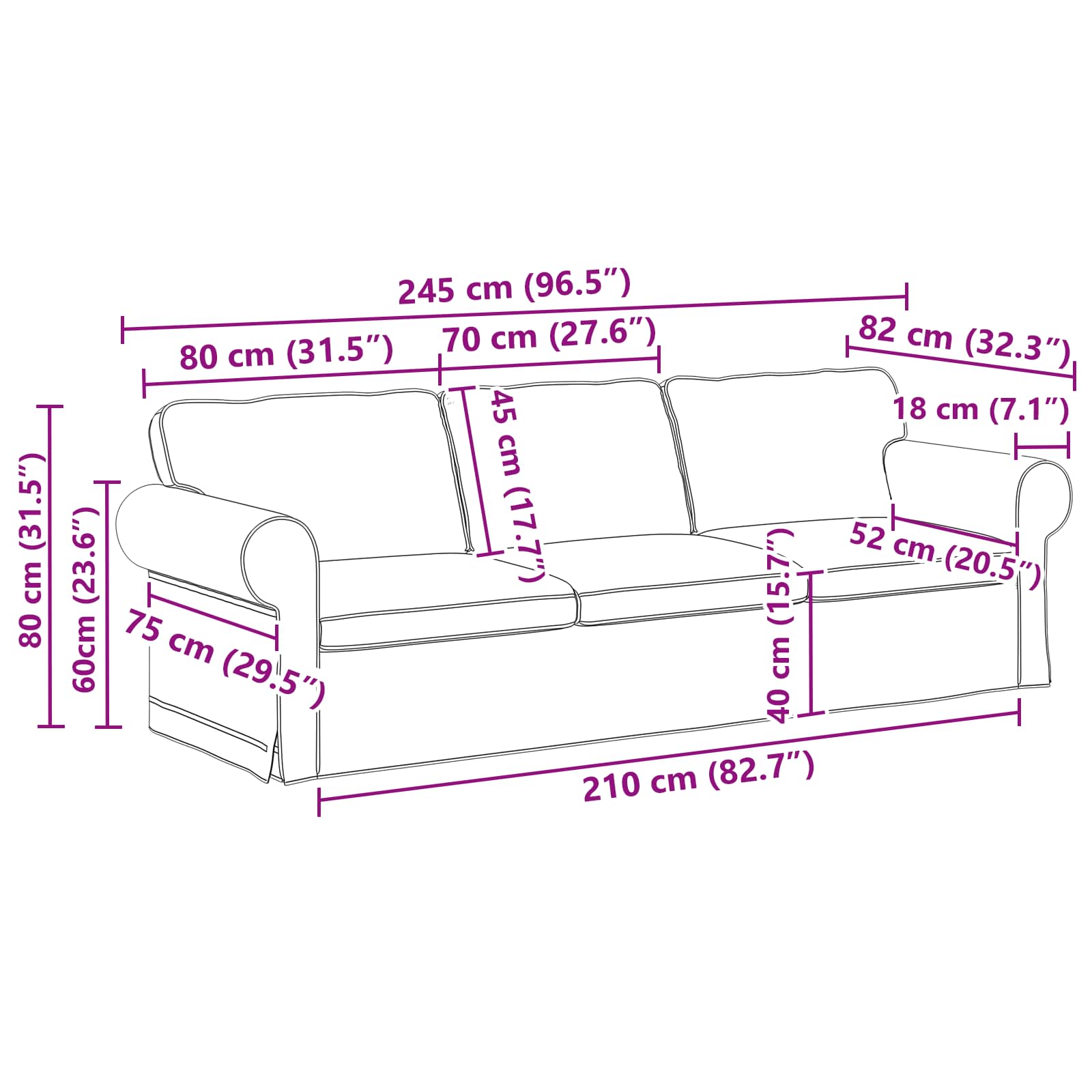 Sofa Dark Grey 245 x 82 x 80 cm Fabric