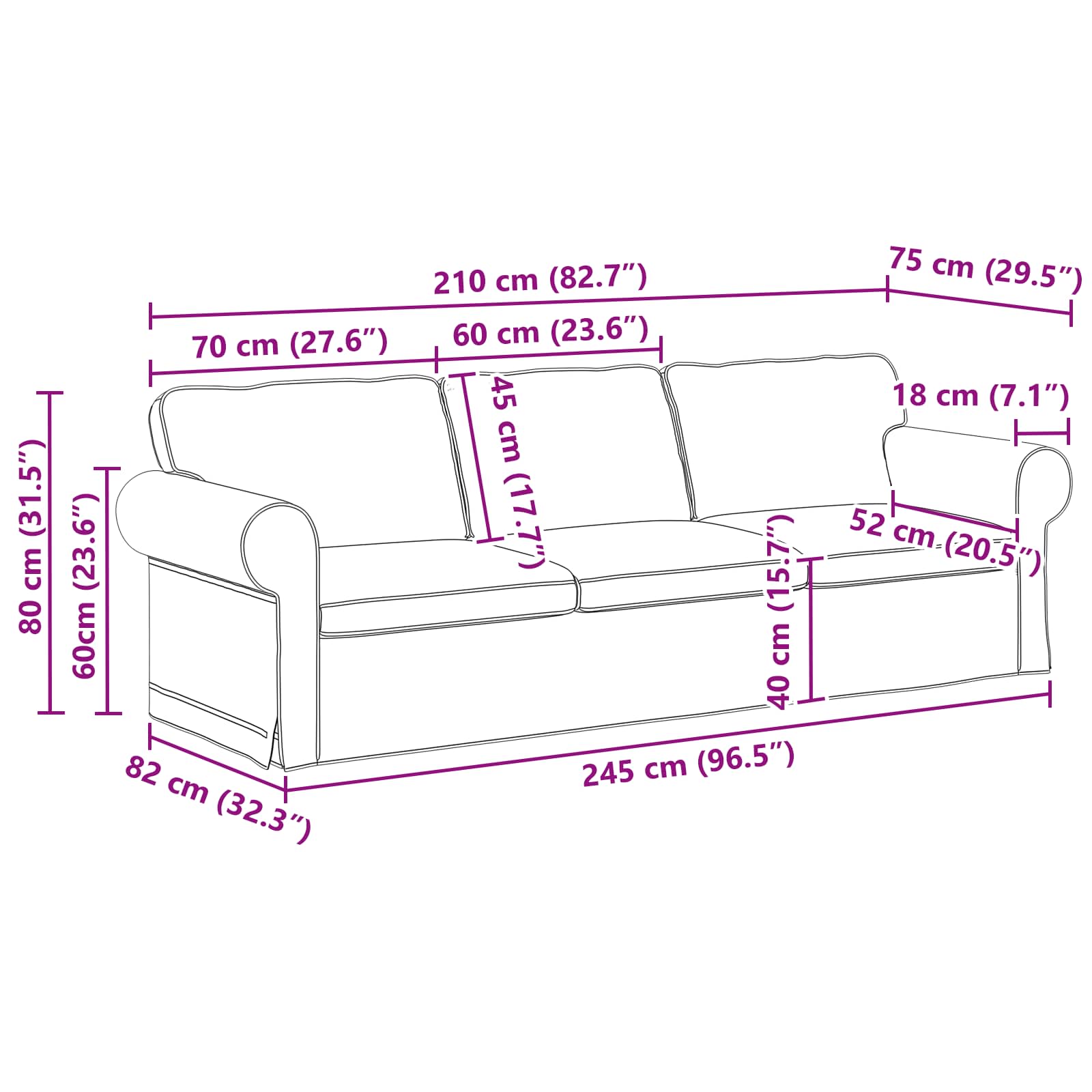 Sofa 210cm Black Metal