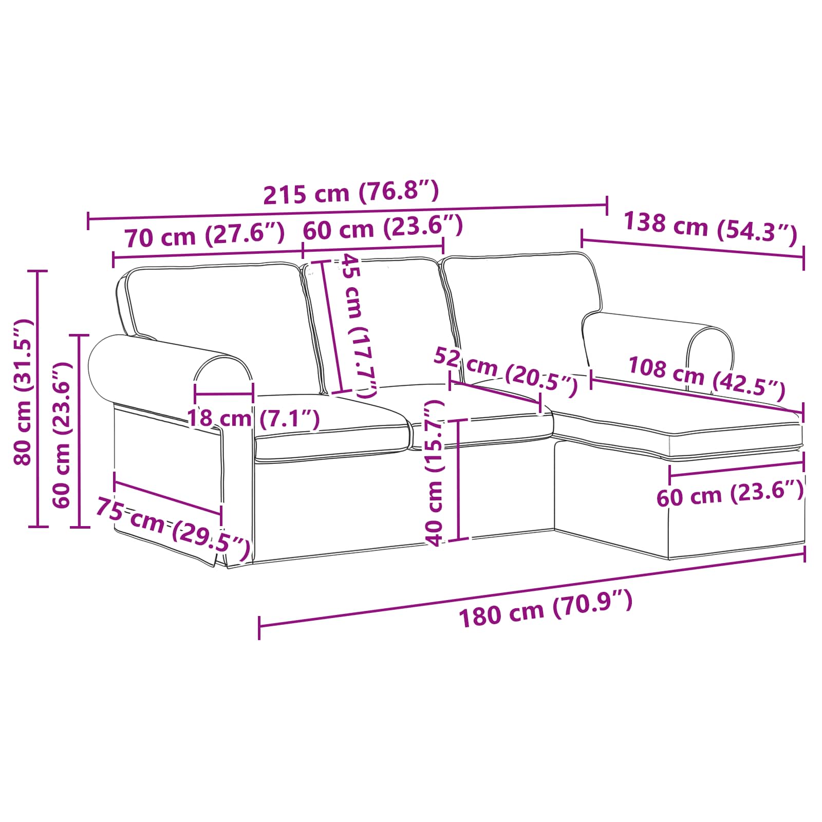 Sofa Black 215 x 138 x 80 cm Fabric