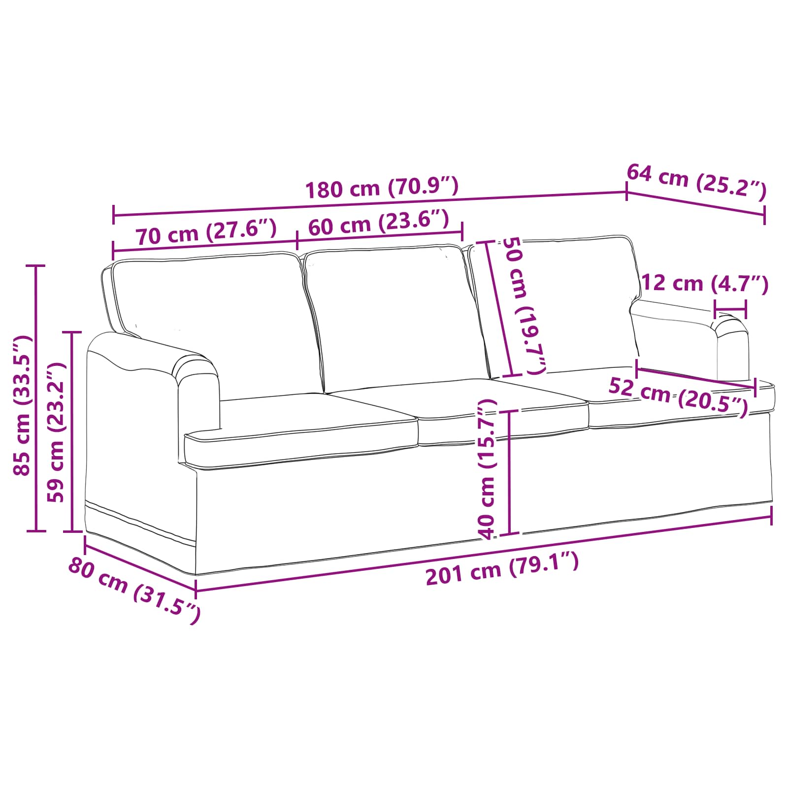 Sofa Black 201 x 80 x 85 cm Fabric