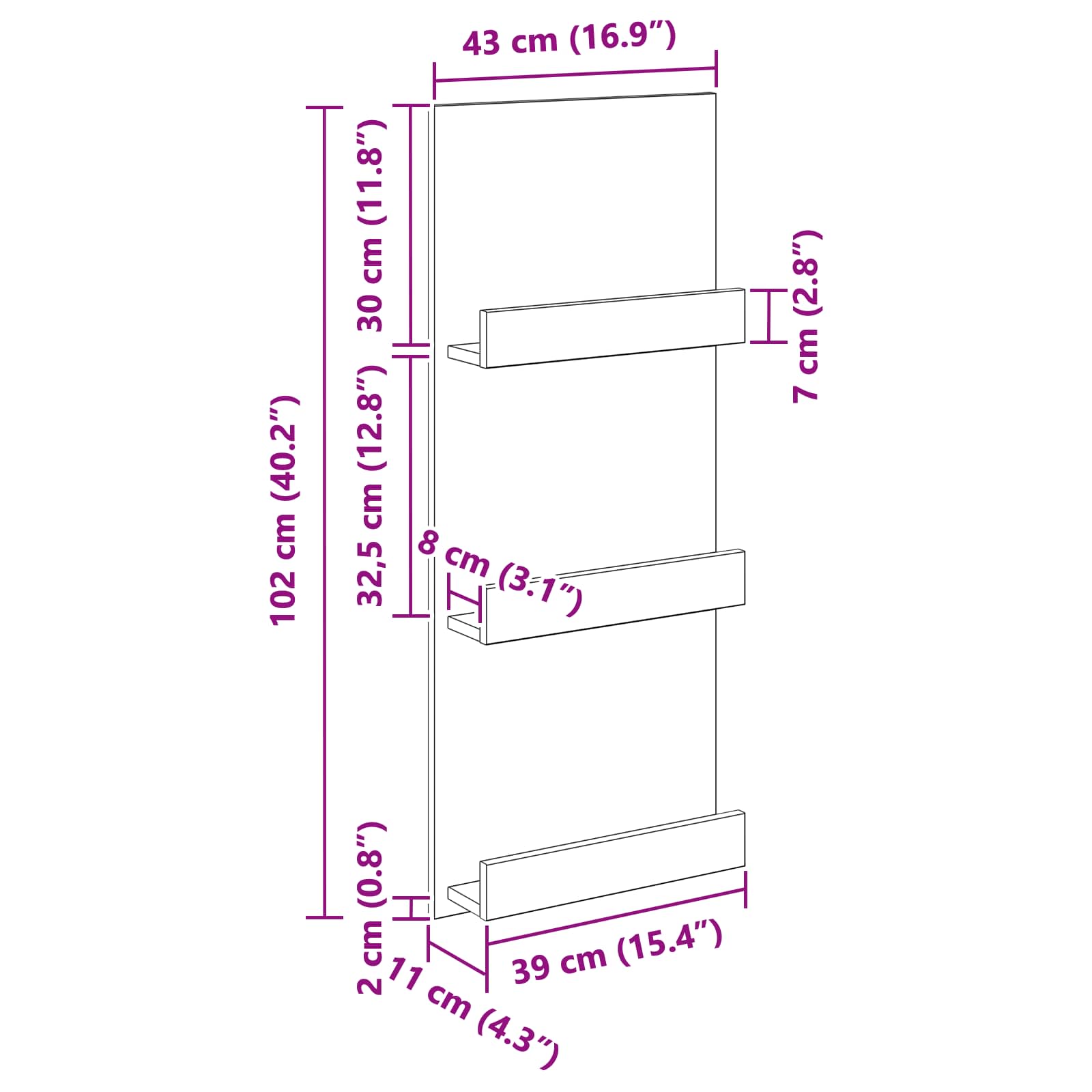 Magazine Rack with Shelf White 43 x 11 x 102 cm Engineered Wood