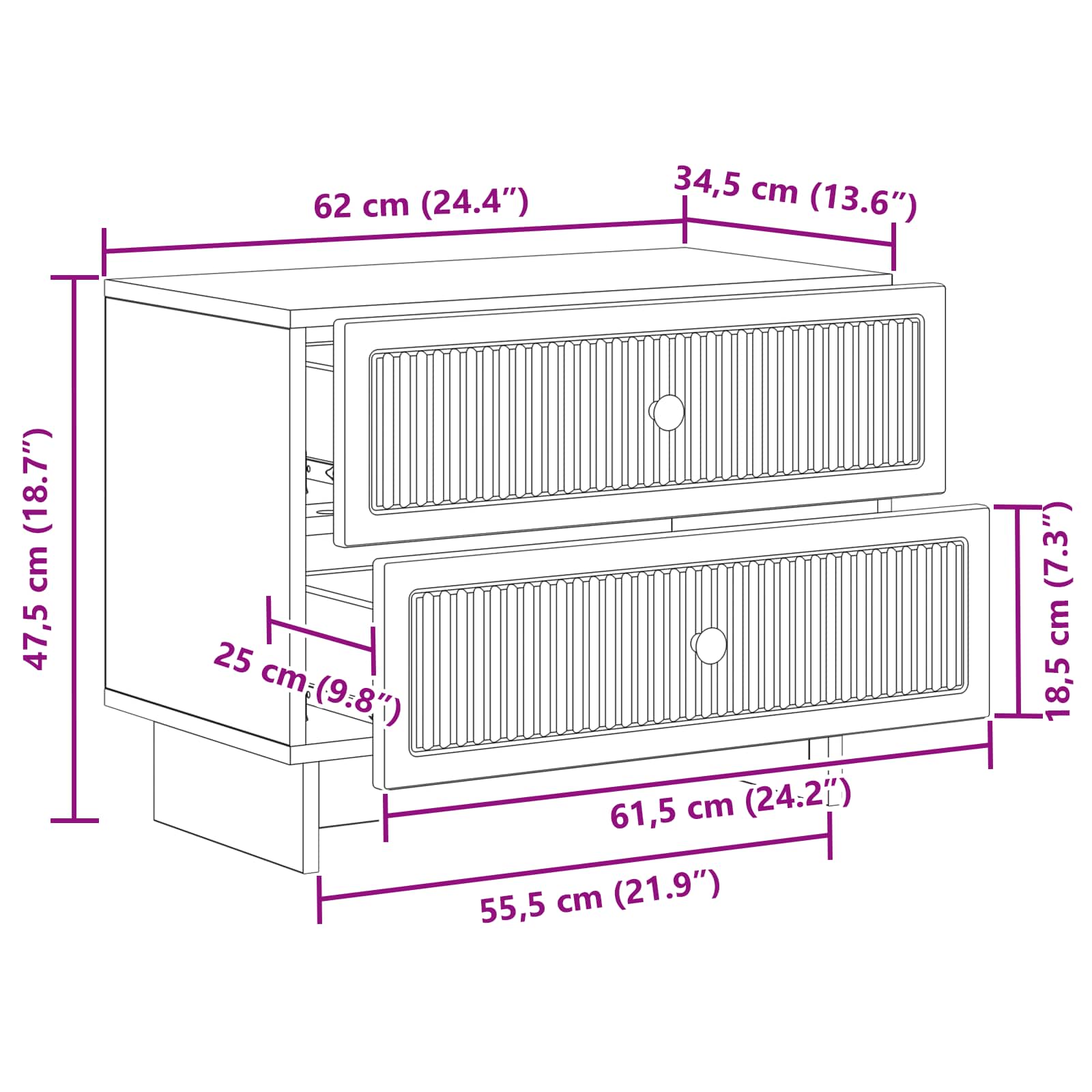 Bedside Cabinet White 62 x 34.5 x 47.5 cm Engineered Wood