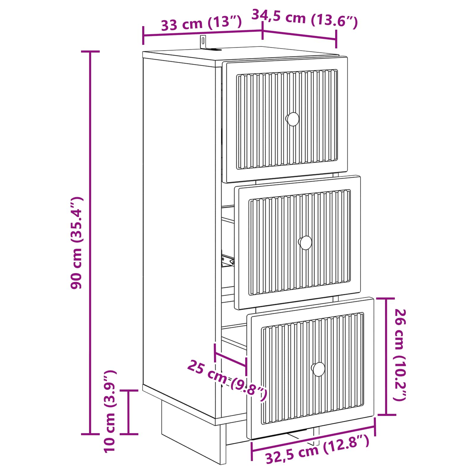 Drawer Cabinet White 33 x 34.5 x 90 cm Engineered Wood