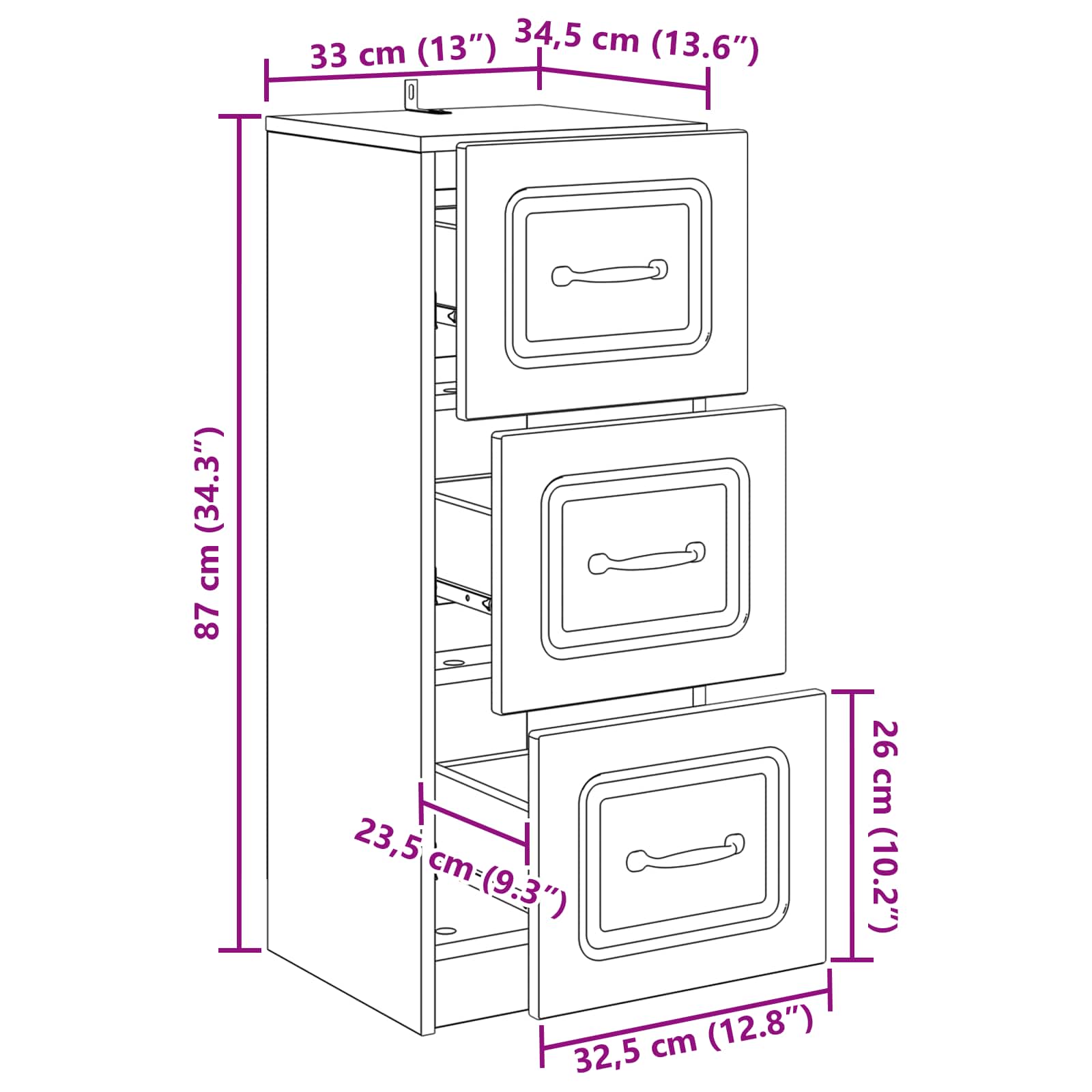 Drawer Cabinet White 33 x 34.5 x 87 cm Engineered Wood