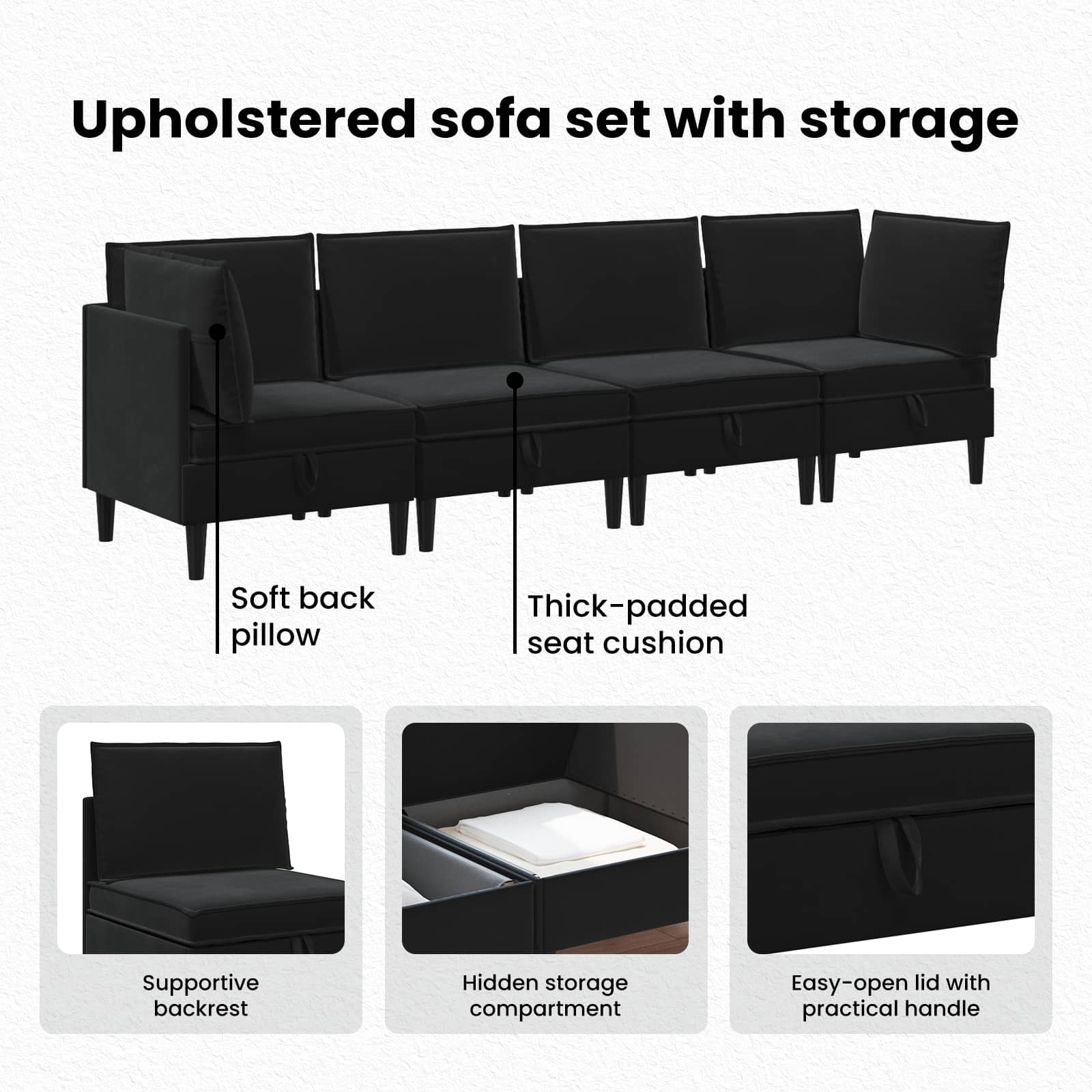 Living Room Furniture Set with Cushion 4 pcs Black Velvet