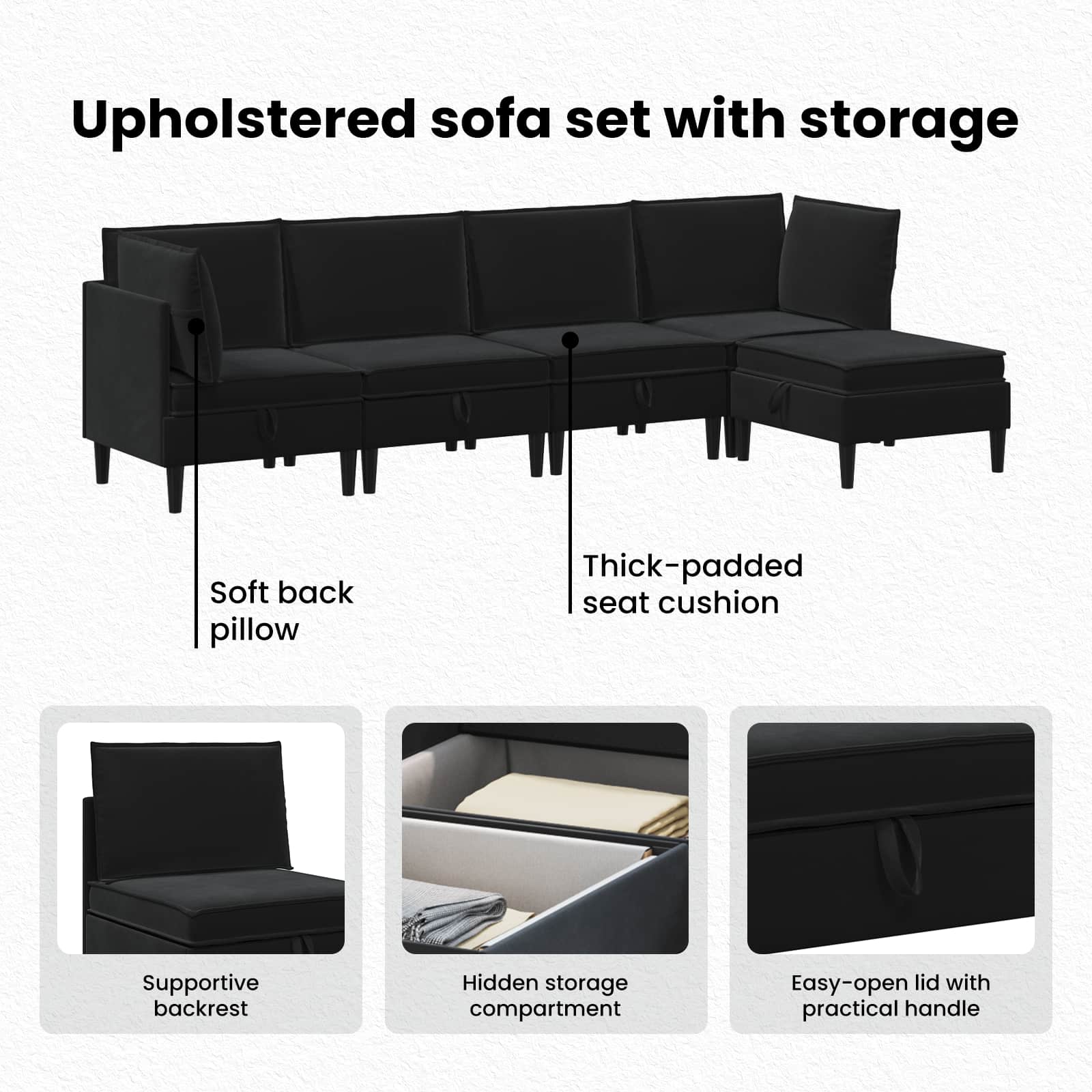 Living Room Furniture Set with Cushion 5 pcs Black Velvet