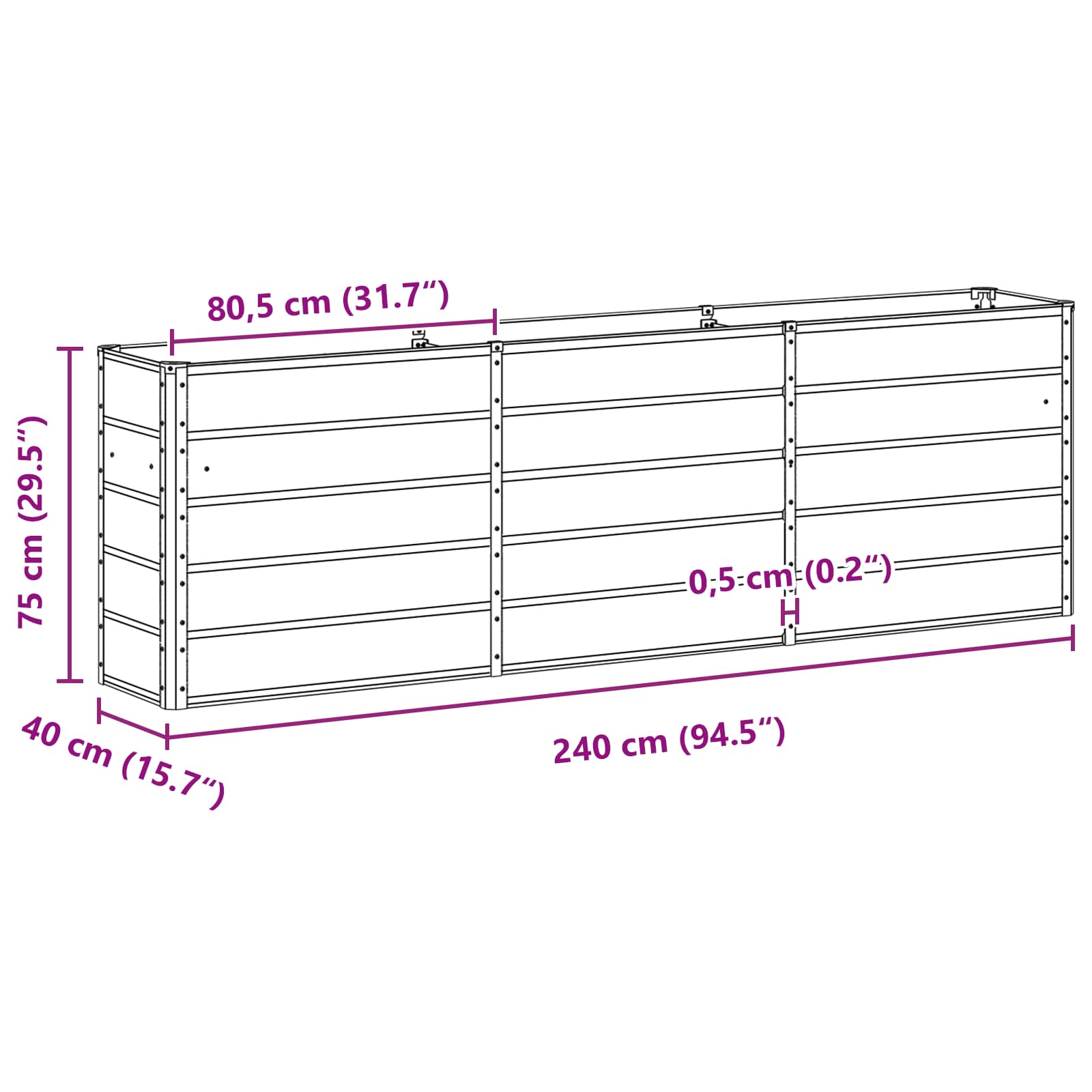 Planter Light Grey 240 x 40 x 75 cm Steel