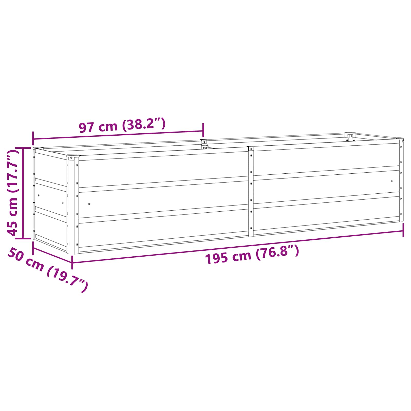 Planter Light Grey 195 x 50 x 45 cm Galvanised Steel