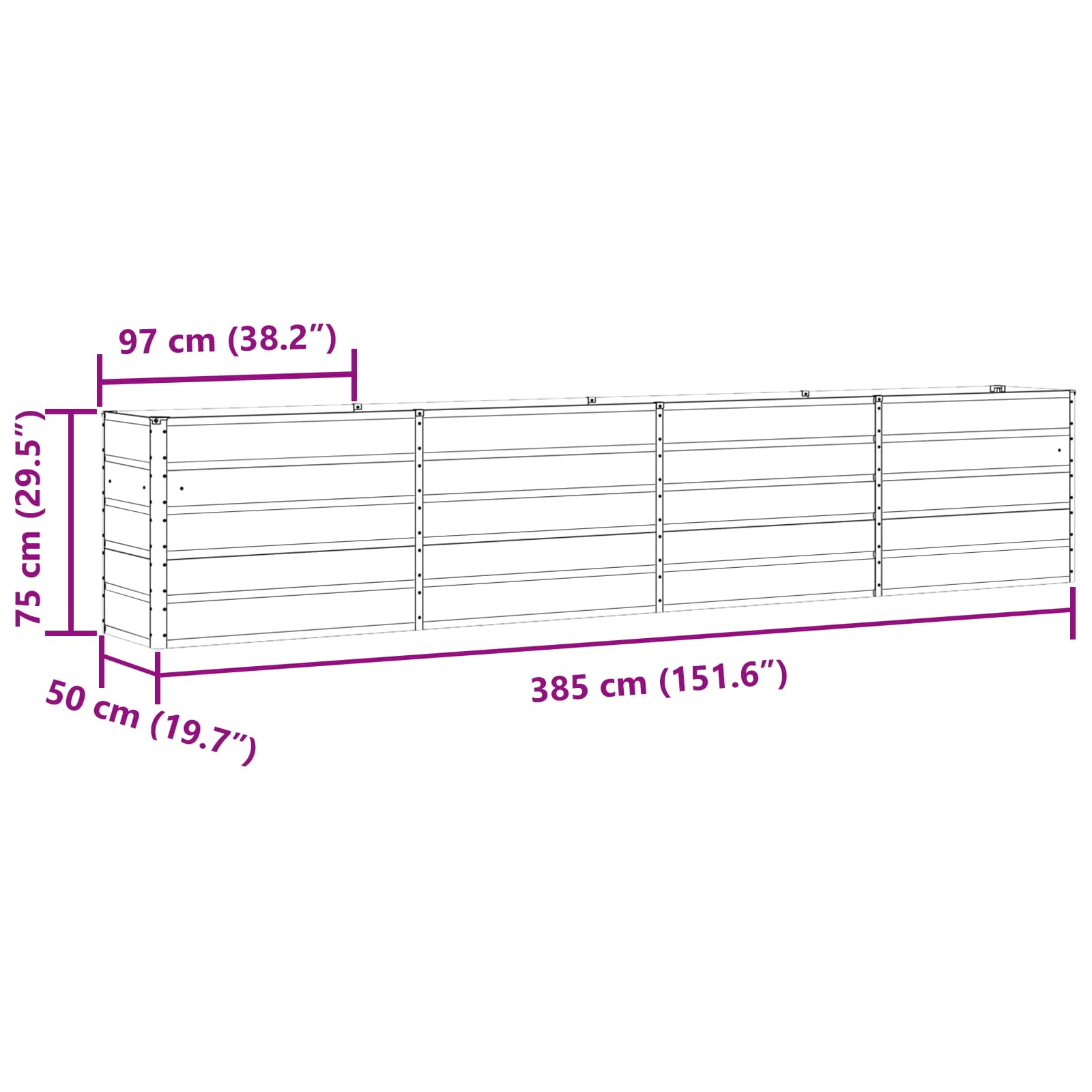 Planter Light Grey 385 x 50 x 75 cm Galvanised Steel