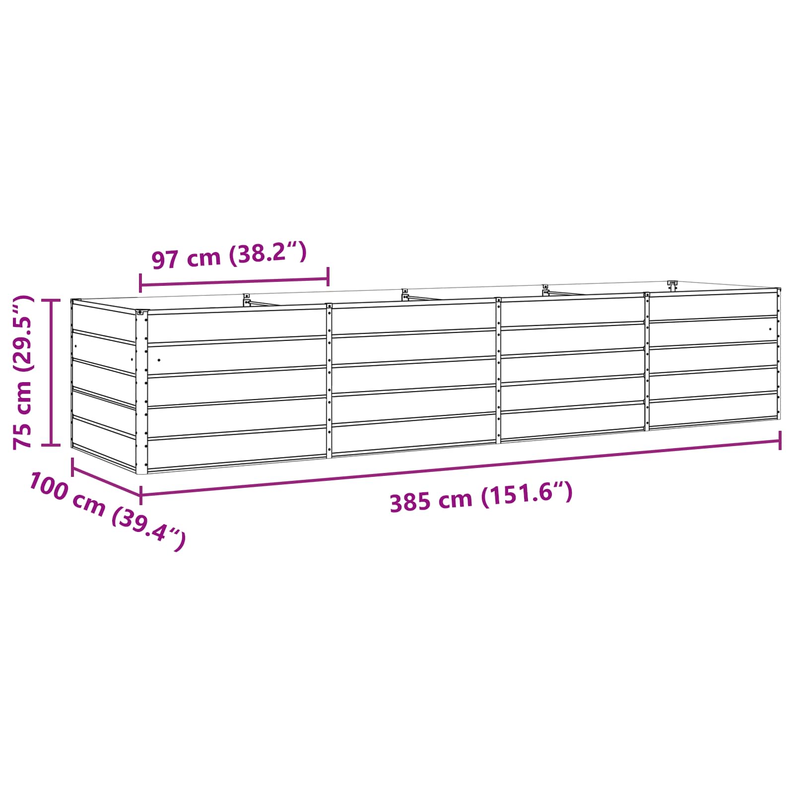 Planter Light Grey 385 x 100 x 75 cm Galvanised Steel