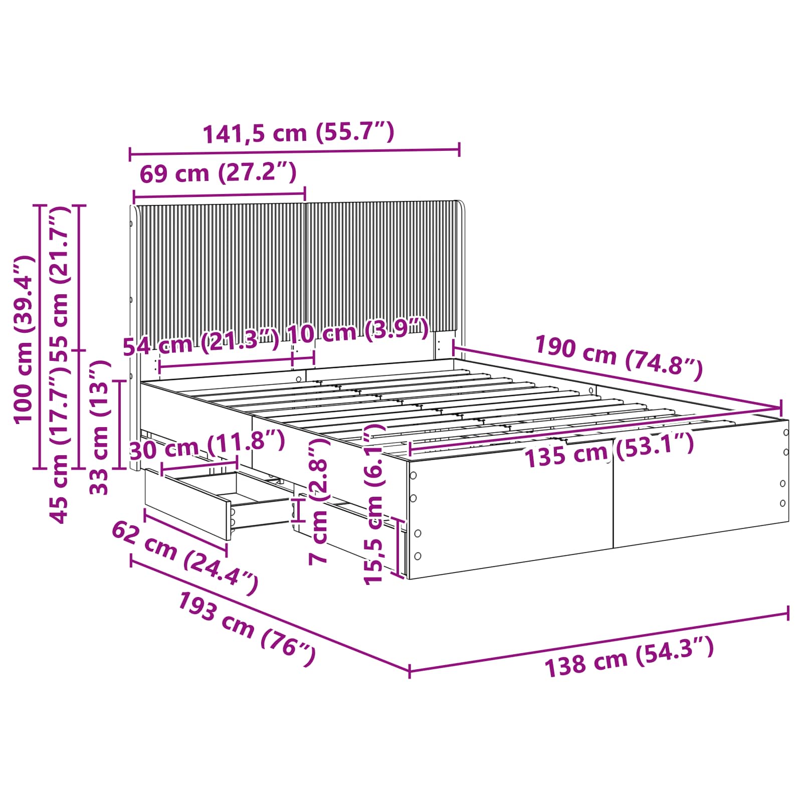 Bed Frame with Storage and Headboard Sonoma Oak 135 x 190 cm