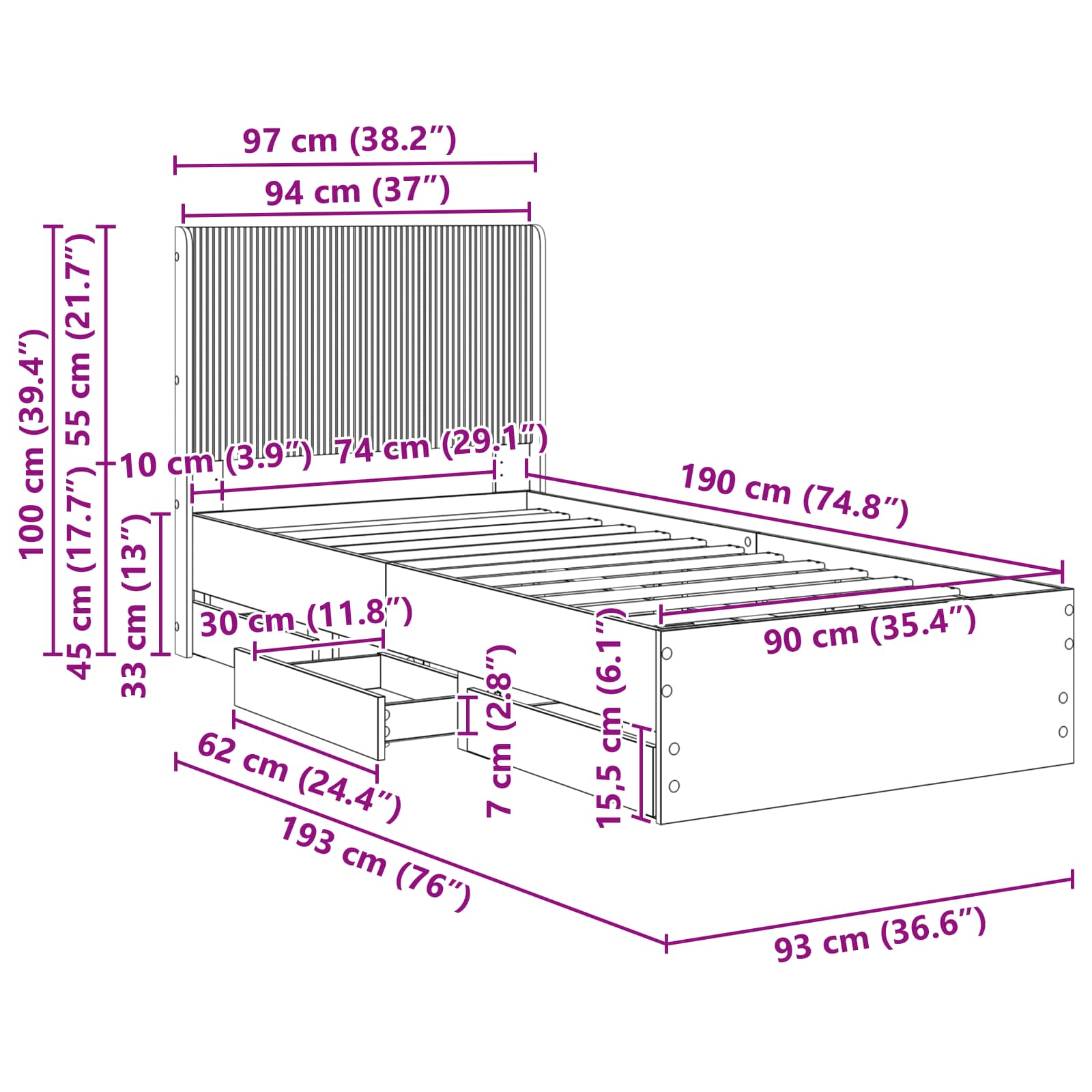 Bed Frame with Storage and Headboard Sonoma Oak 90 x 190 cm
