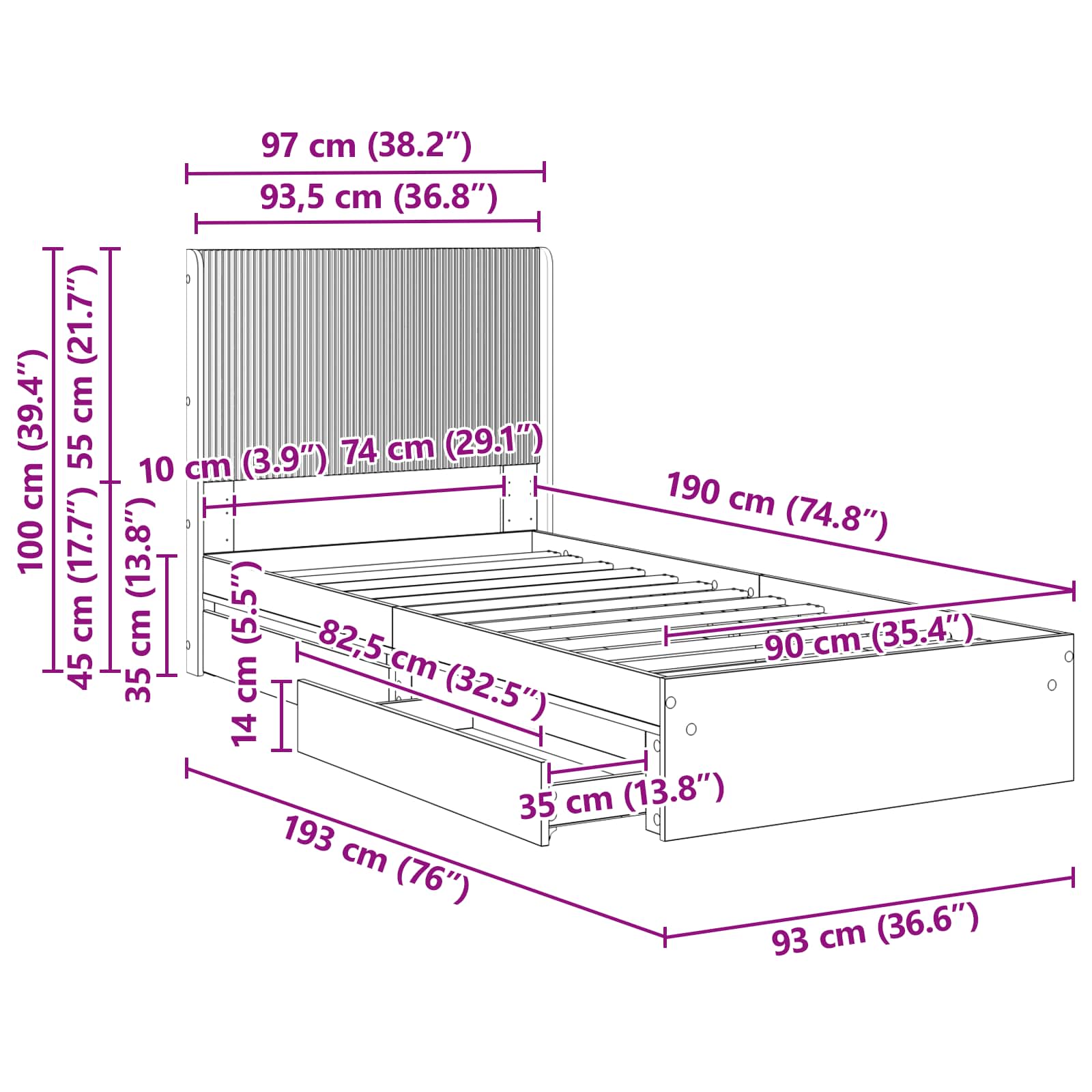 Bed Frame with Storage and Headboard White 90 x 190 cm