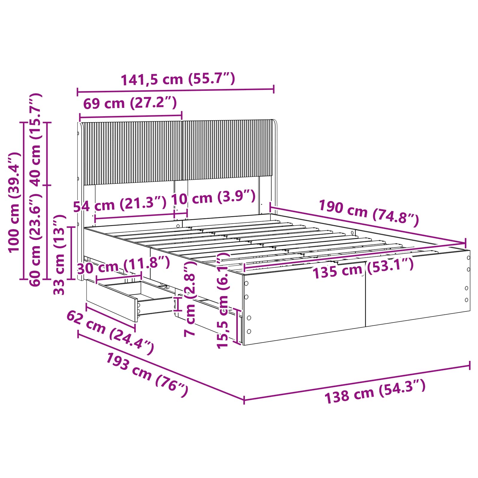 Bed Frame with Storage and Headboard Sonoma Oak 135 x 190 cm