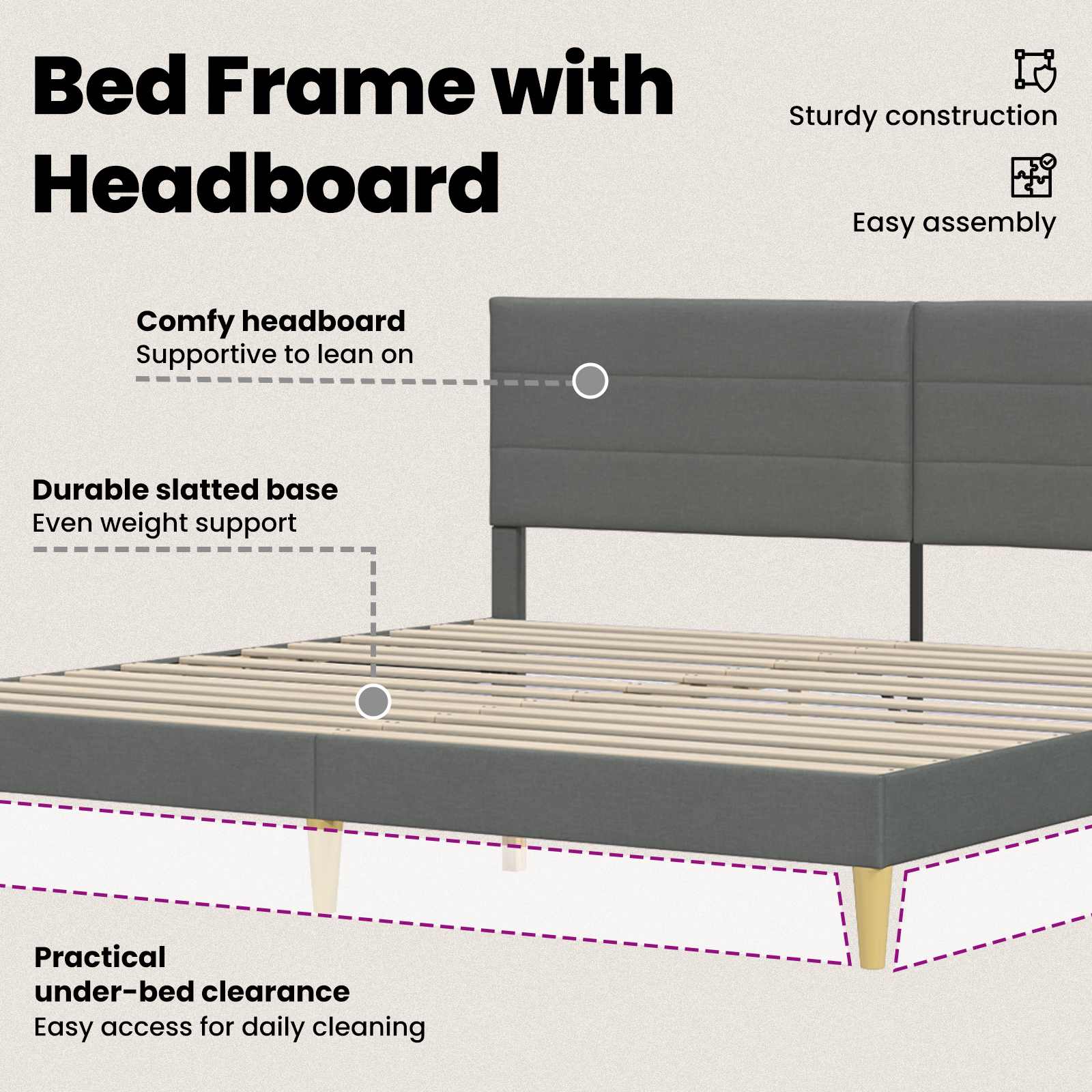 Bed Frame with Headboard Dark Grey 180 x 200 cm Fabric