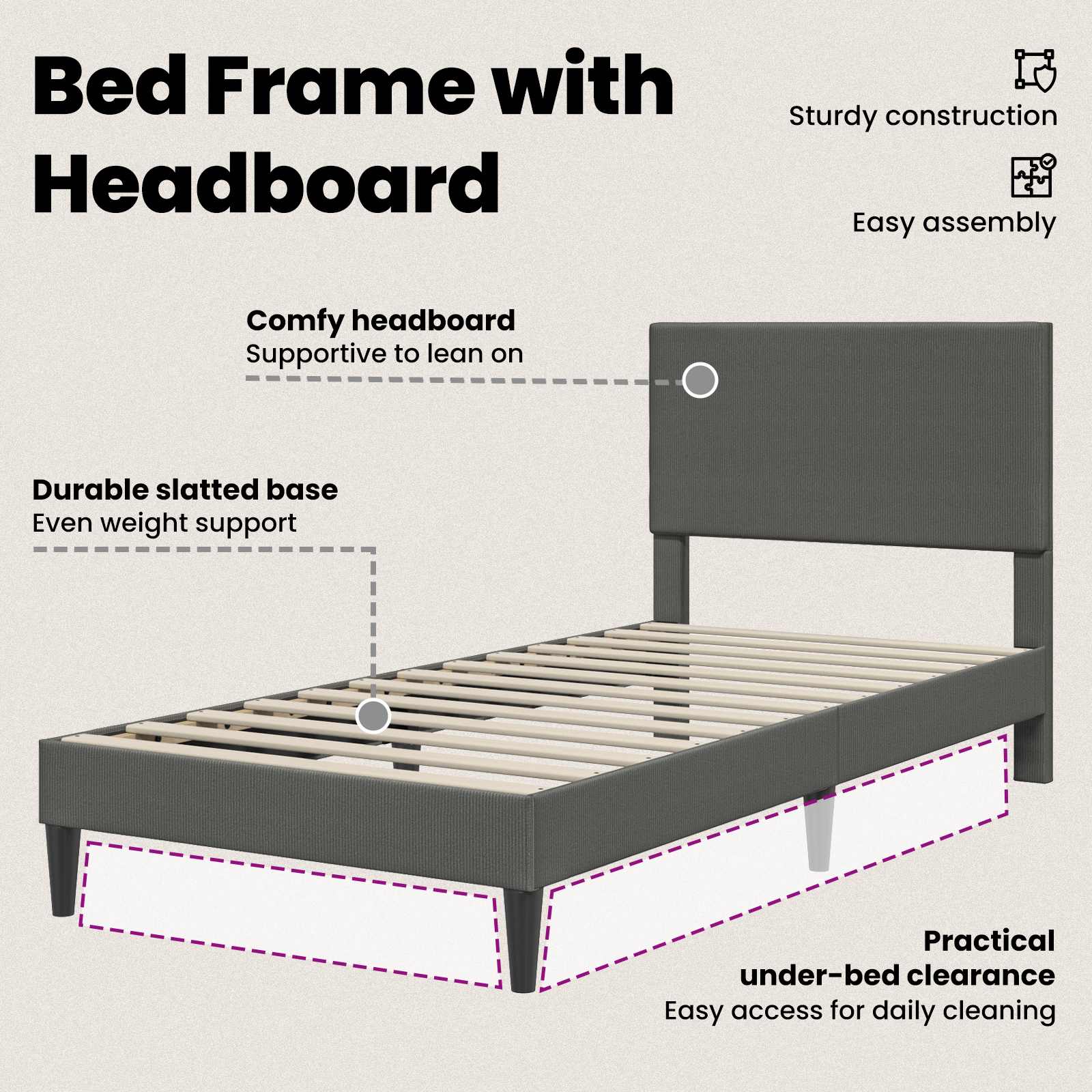 Bed Frame with Headboard Dark Grey 90 x 190 cm Corduroy Fabric