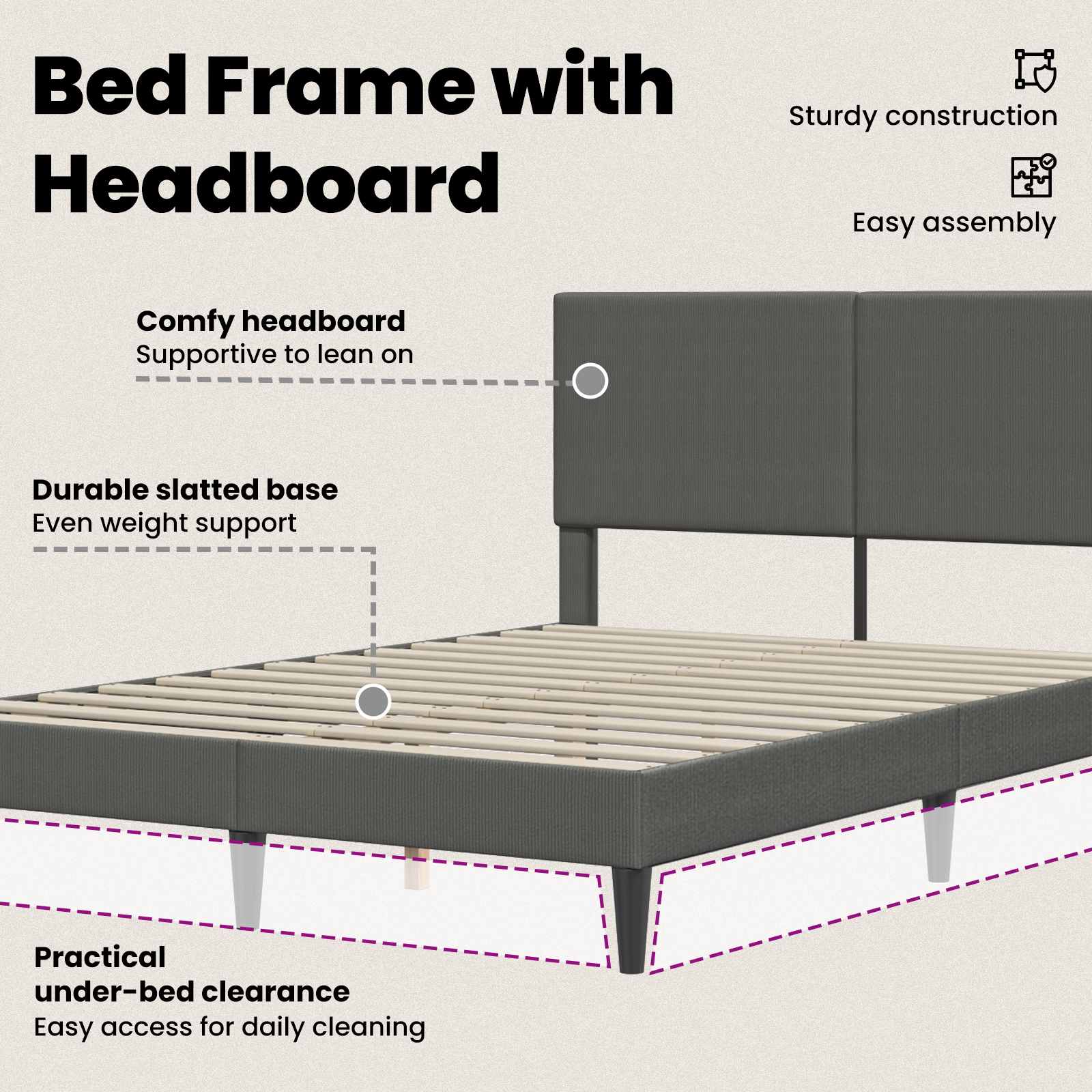 Bed Frame with Headboard Dark Grey 137 x 190 cm Corduroy Fabric