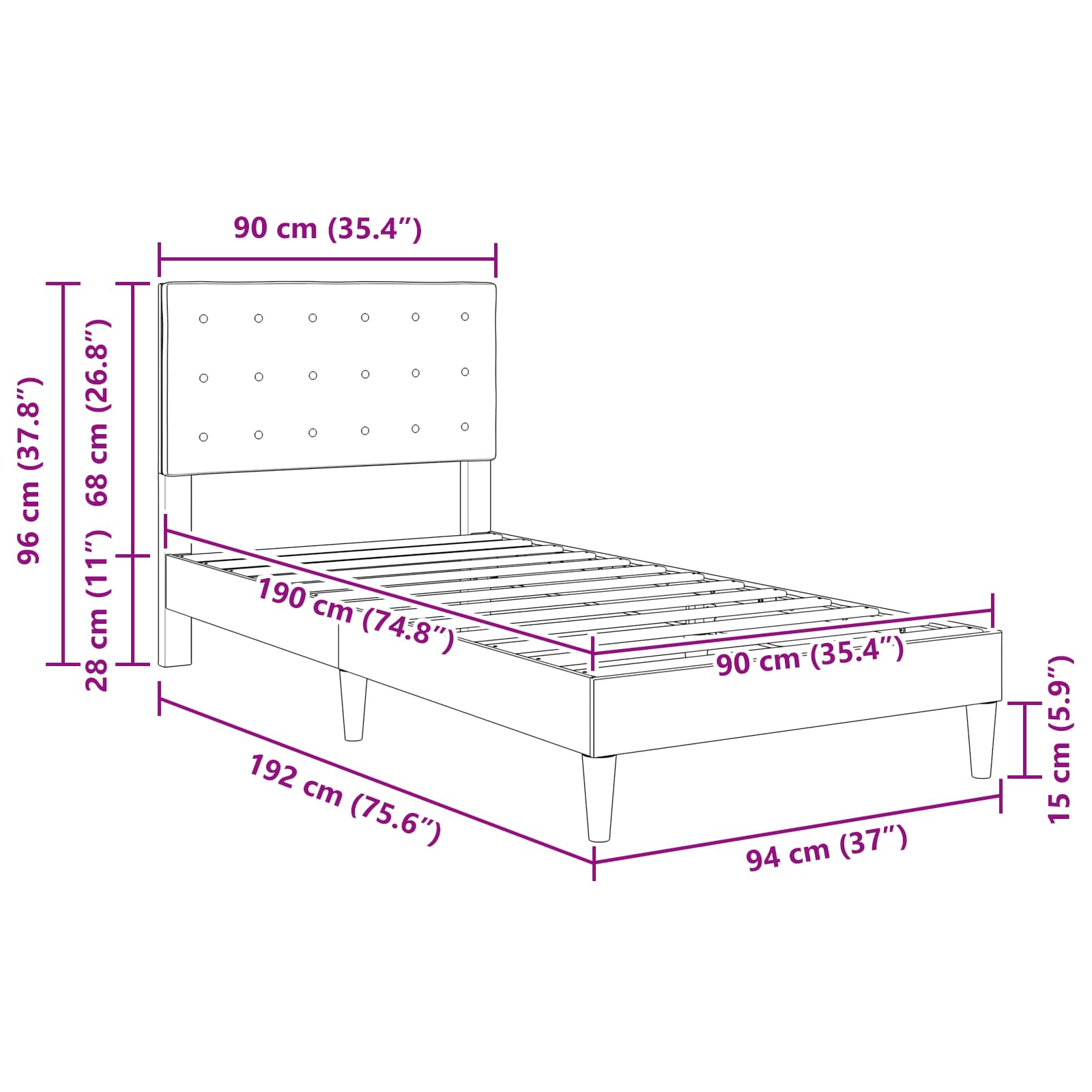Bed Frame with Headboard Dark Grey 90 x 190 cm Fabric