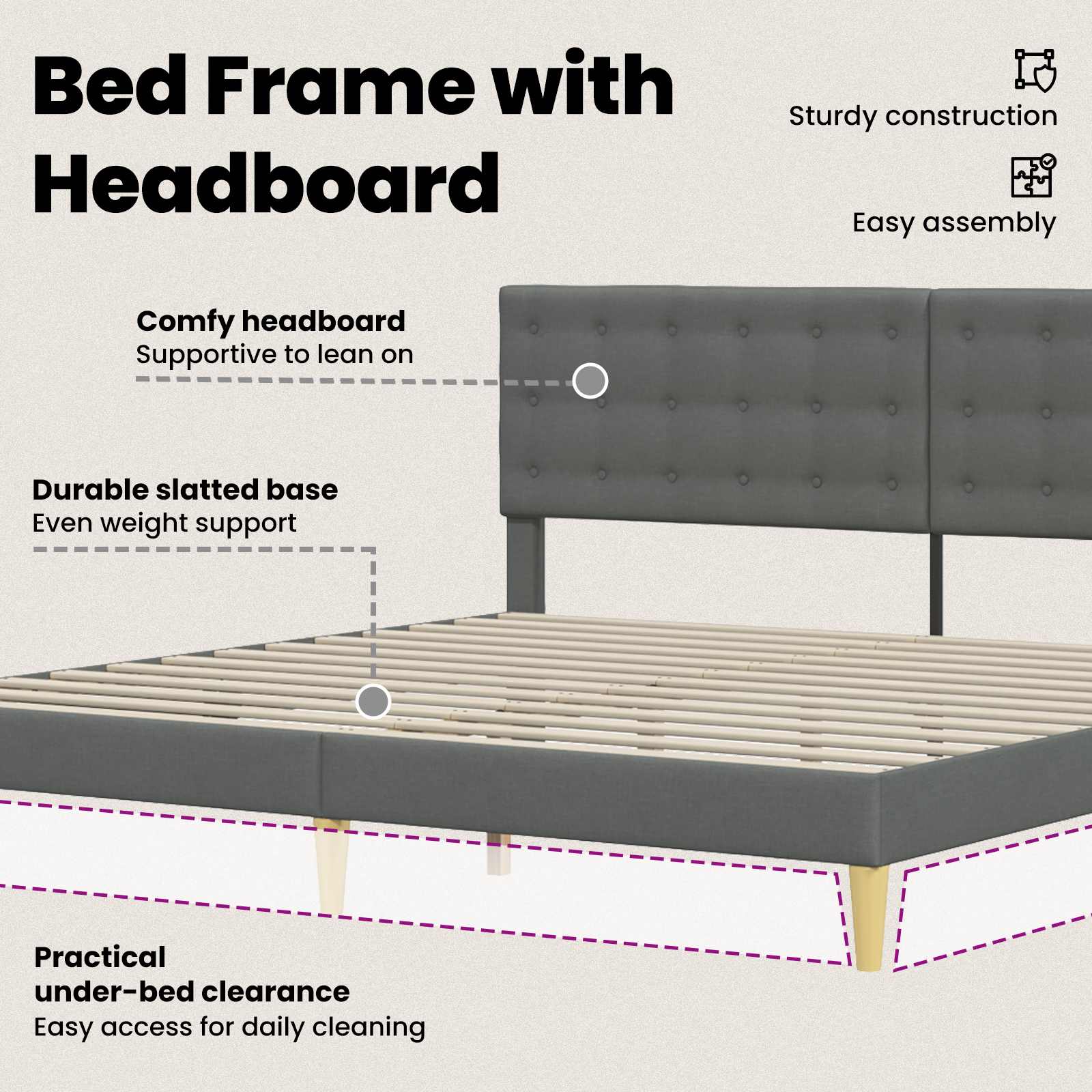 Bed Frame with Headboard Dark Grey 180 x 200 cm Fabric