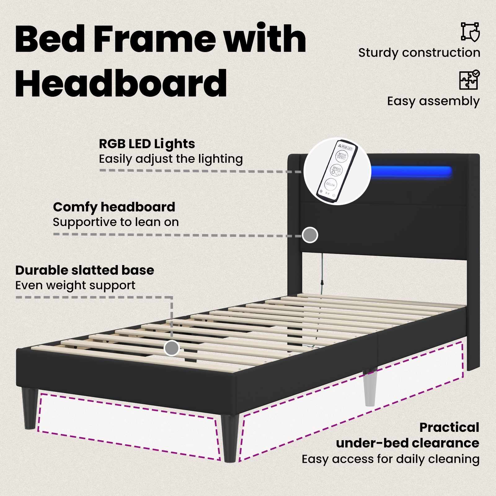 Bed Frame with LED Strip Lights Black 90 x 190 cm Faux Leather