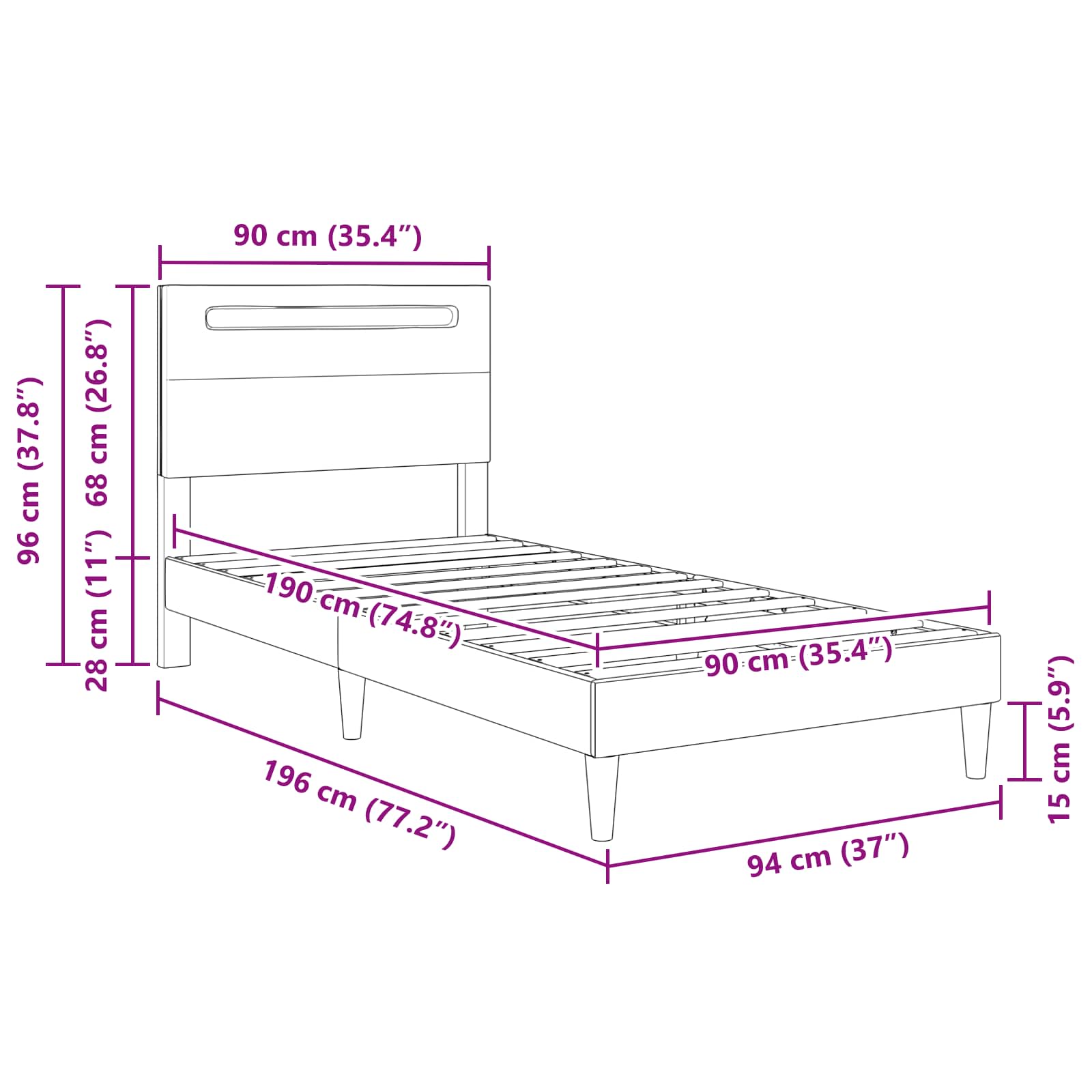 Bed Frame with LED Strip Lights Black 90 x 190 cm Faux Leather