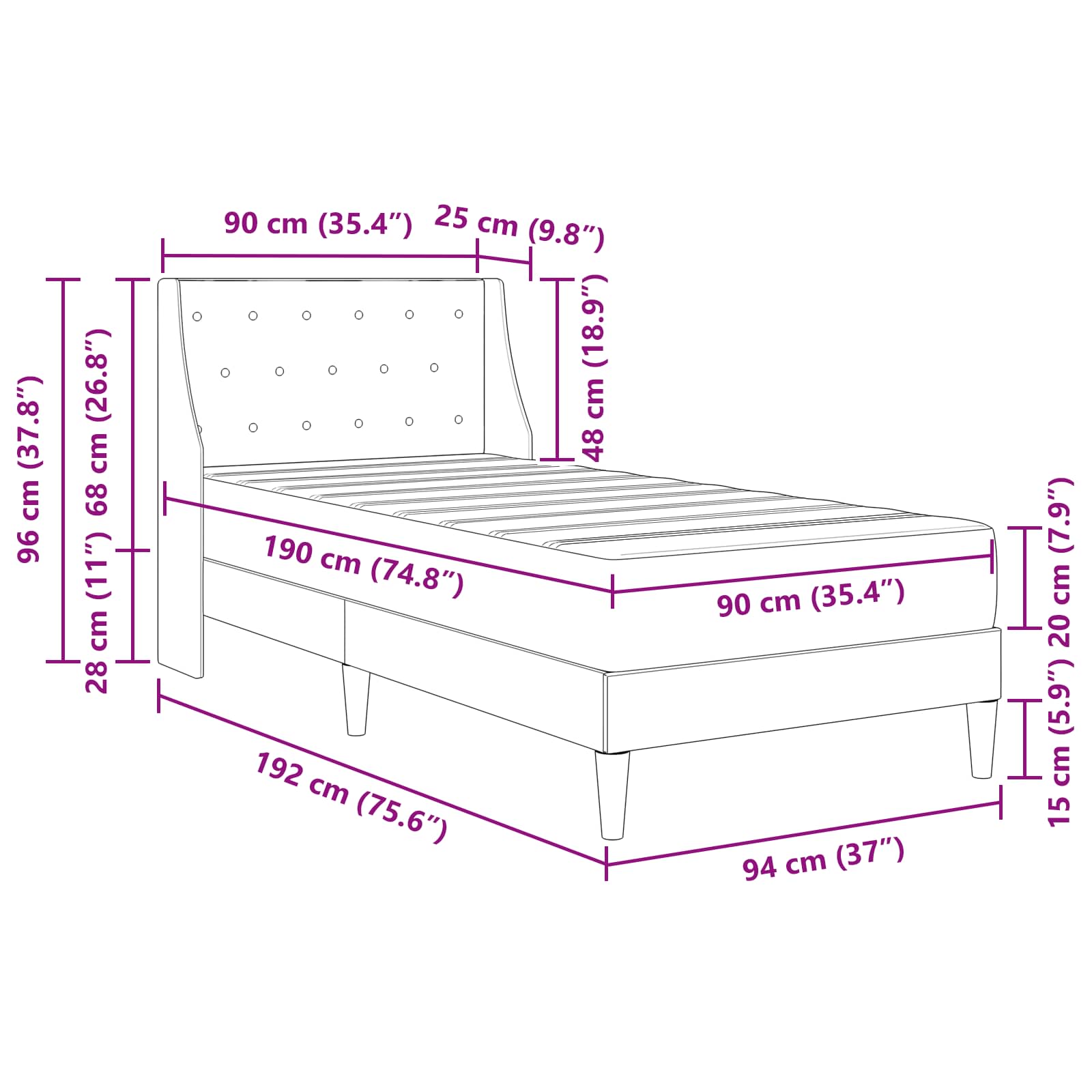 Bed Frame with Mattress Dark Grey 90 x 190 cm Velvet