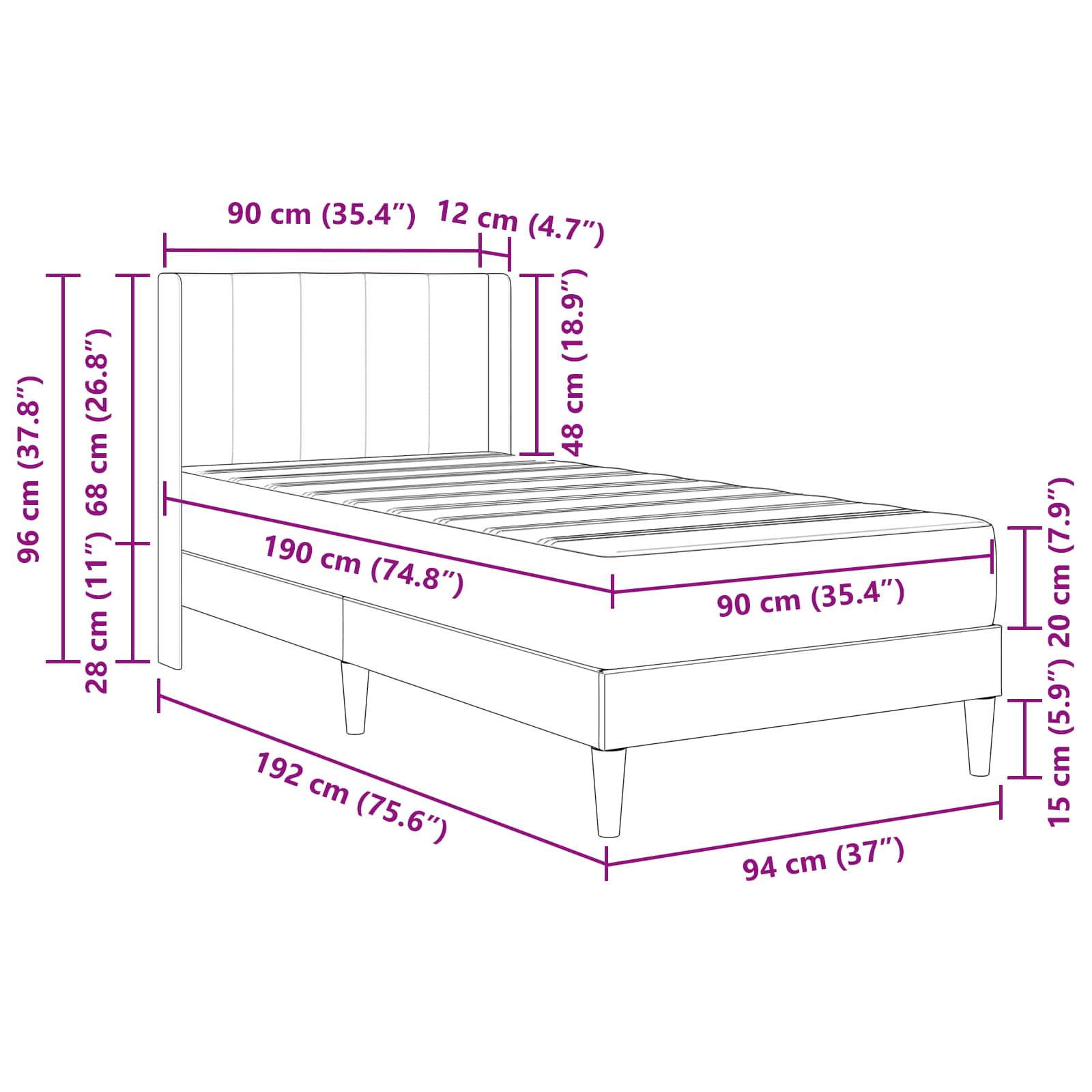 Bed Frame with Mattress Dark Grey 90 x 190 cm Velvet