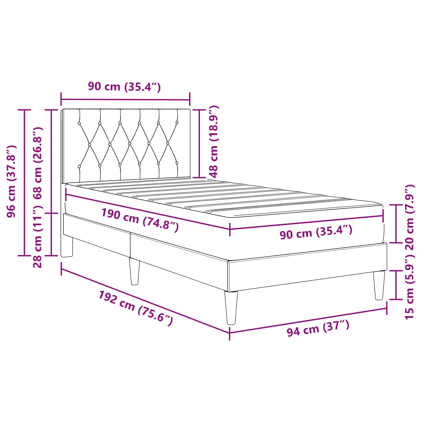 Bed Frame with Mattress Dark Grey 90 x 190 cm Velvet