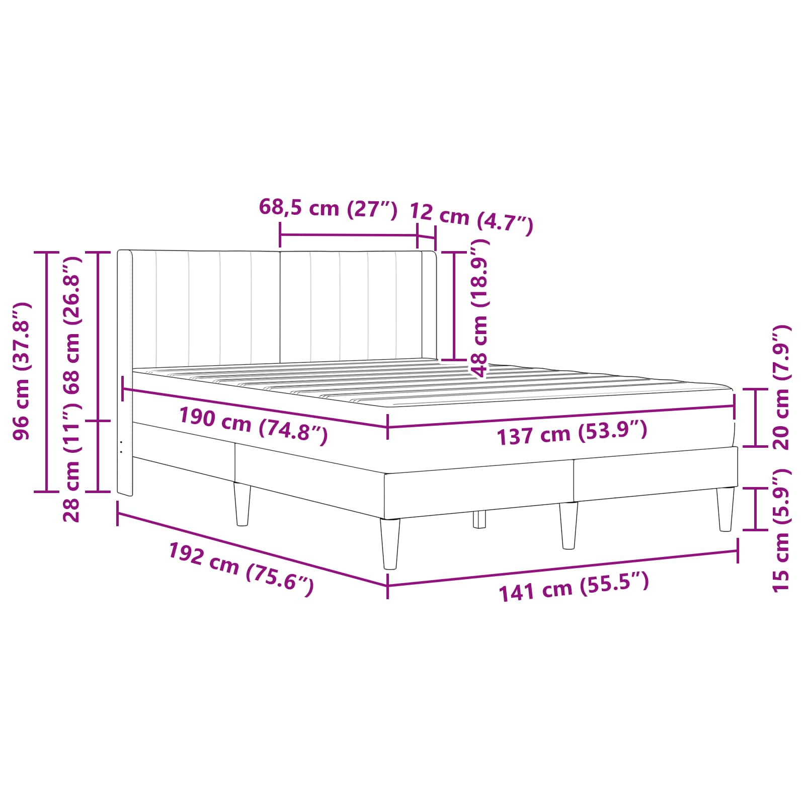 Bed Frame with Mattress Dark Grey 137 x 190 cm Velvet
