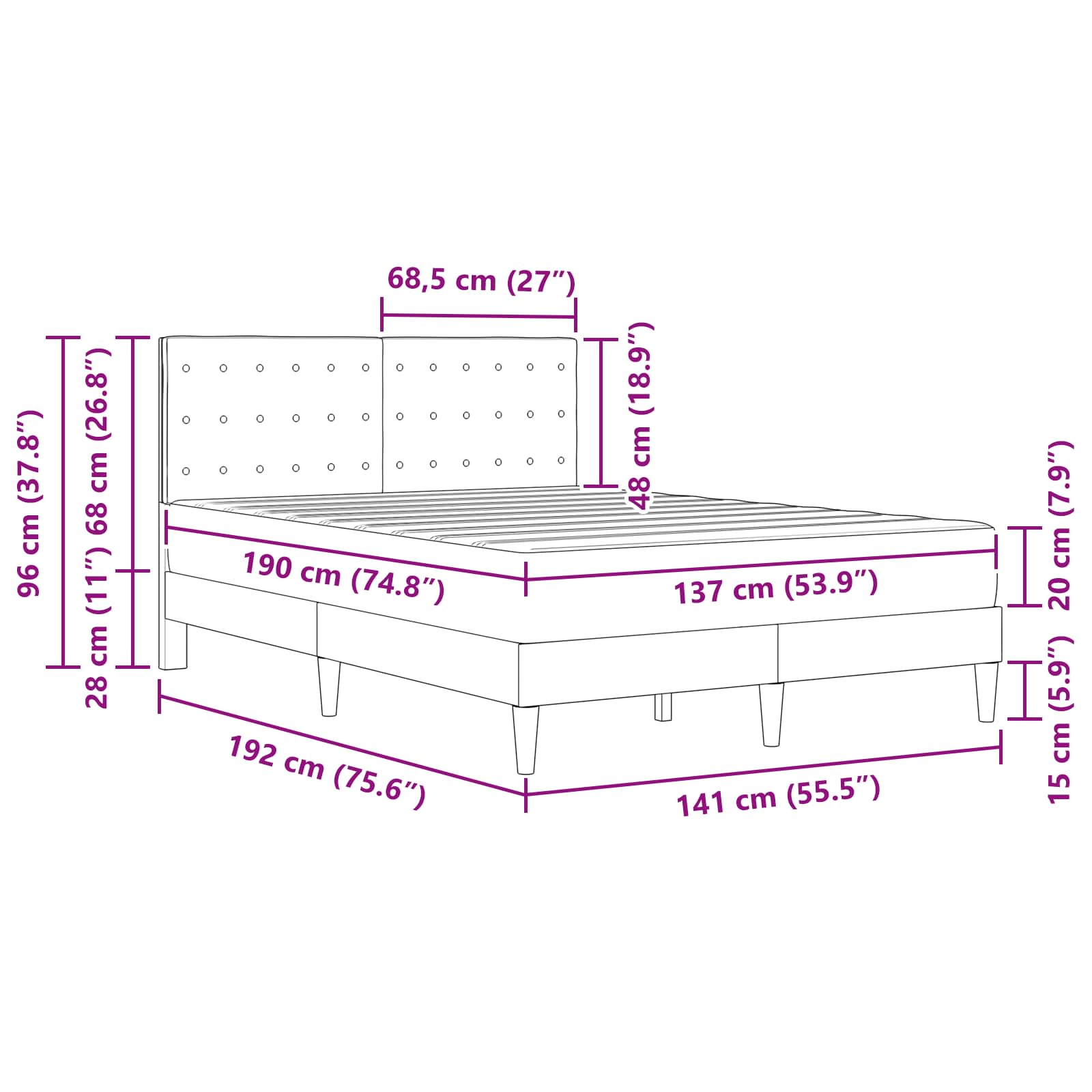 Bed Frame with Mattress Dark Grey 137 x 190 cm Fabric