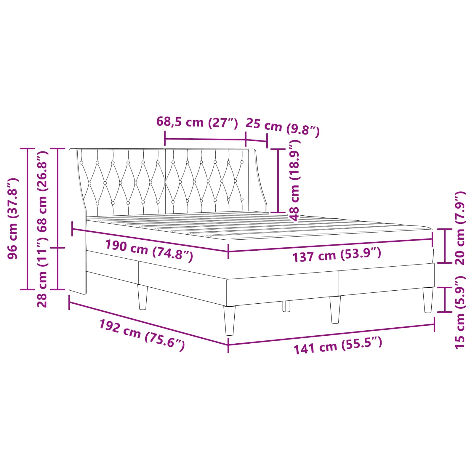 Bed Frame with Mattress Dark Grey 137 x 190 cm Velvet