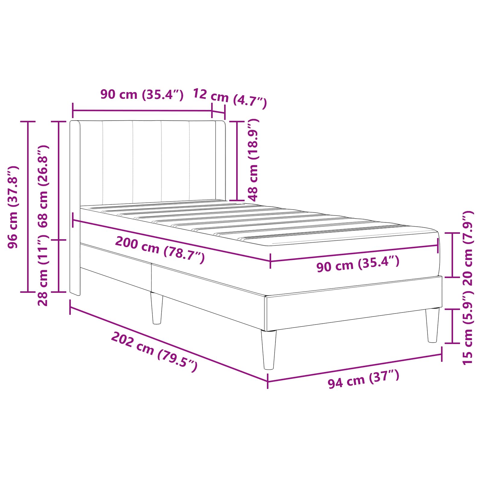Bed Frame with Mattress Dark Grey 90 x 200 cm Velvet