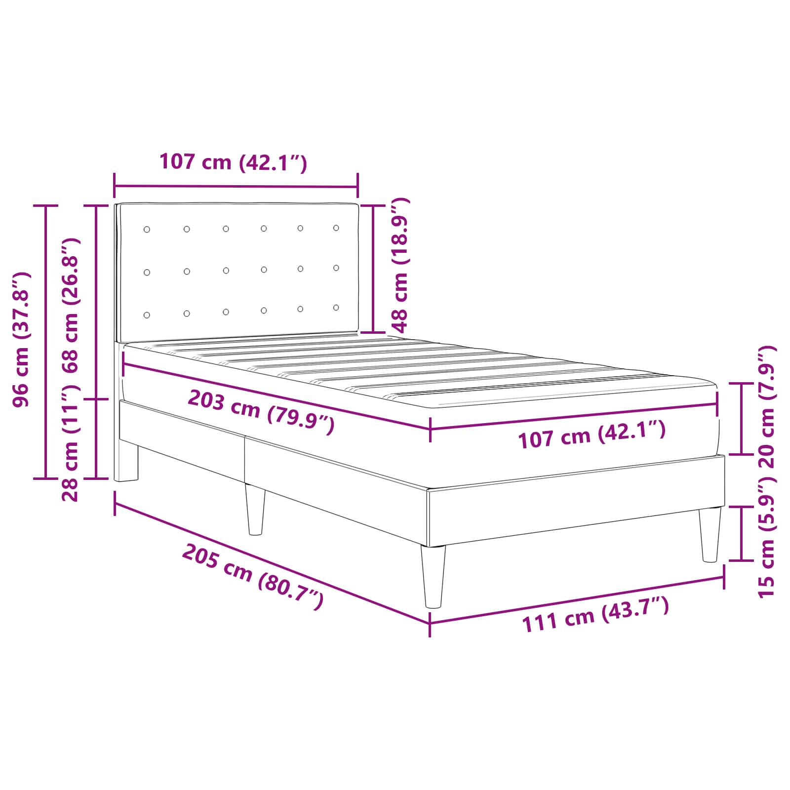 Bed Frame with Mattress Dark Grey 107 x 203 cm Fabric