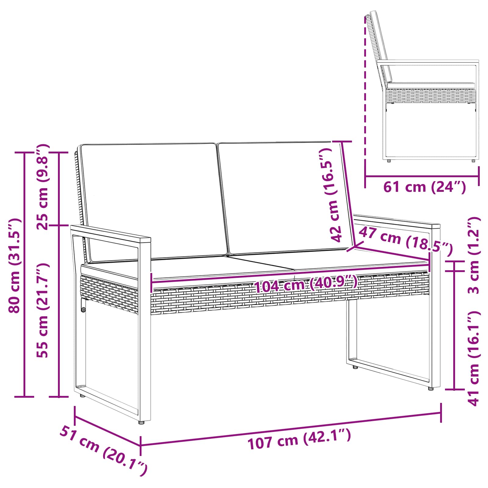 Outdoor Bench with Cushion Black 107 x 61 x 80 cm Poly Rattan