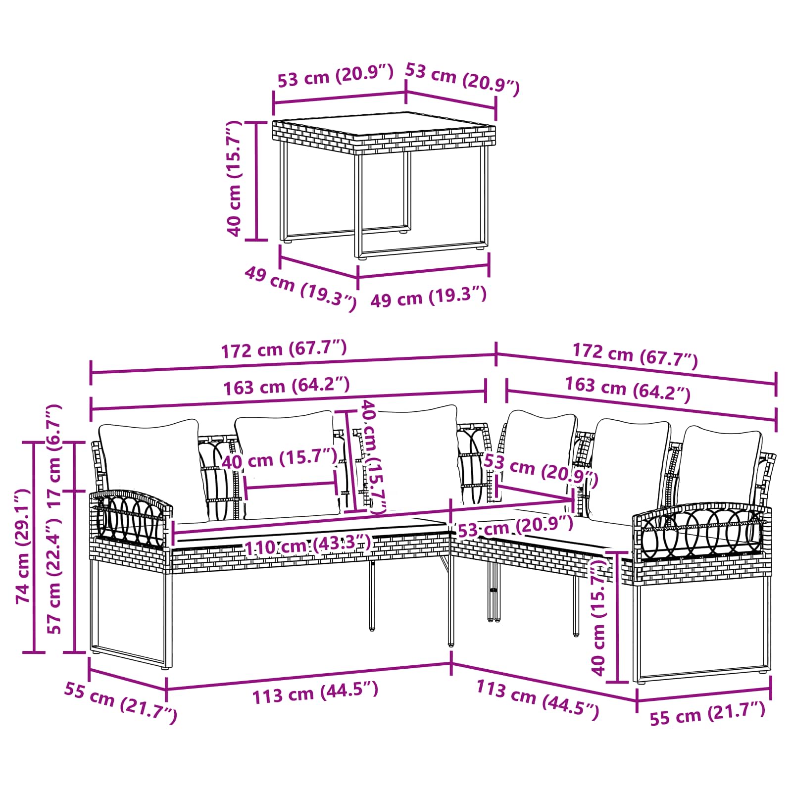 Garden sofa set with Cushion 2 pcs Grey Poly Rattan and Steel