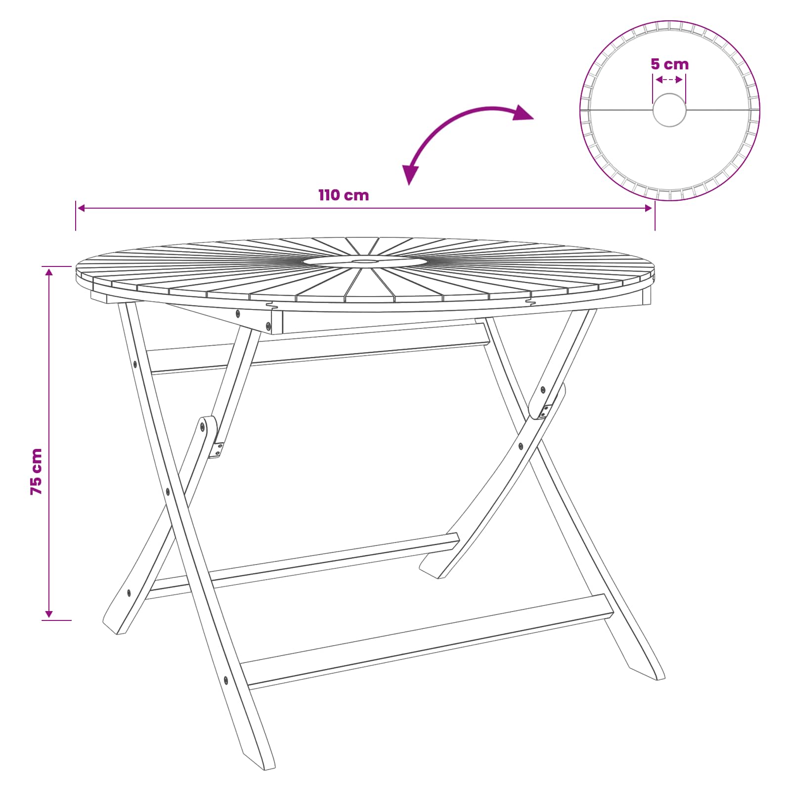 Folding Garden Table Natural Ø110 x 75 cm Solid Acacia Wood