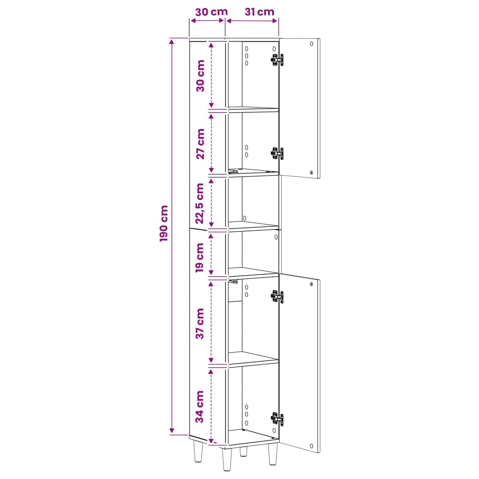 Bathroom Cabinet with Open Shelf ARNHEM White 30 x 31 x 190 cm