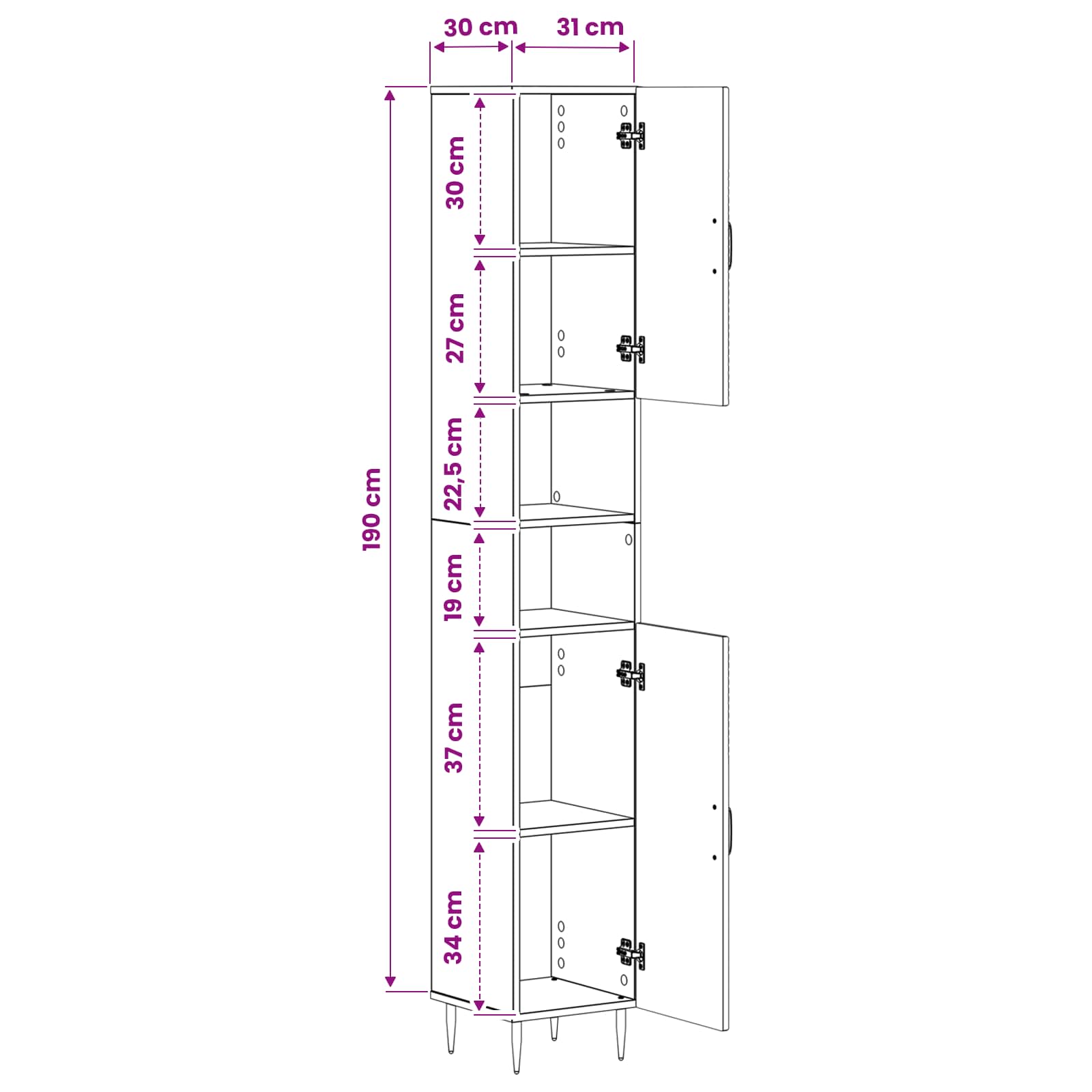 Bathroom Cabinet with Open Shelf HAARLEM White 30 x 31 x 190 cm
