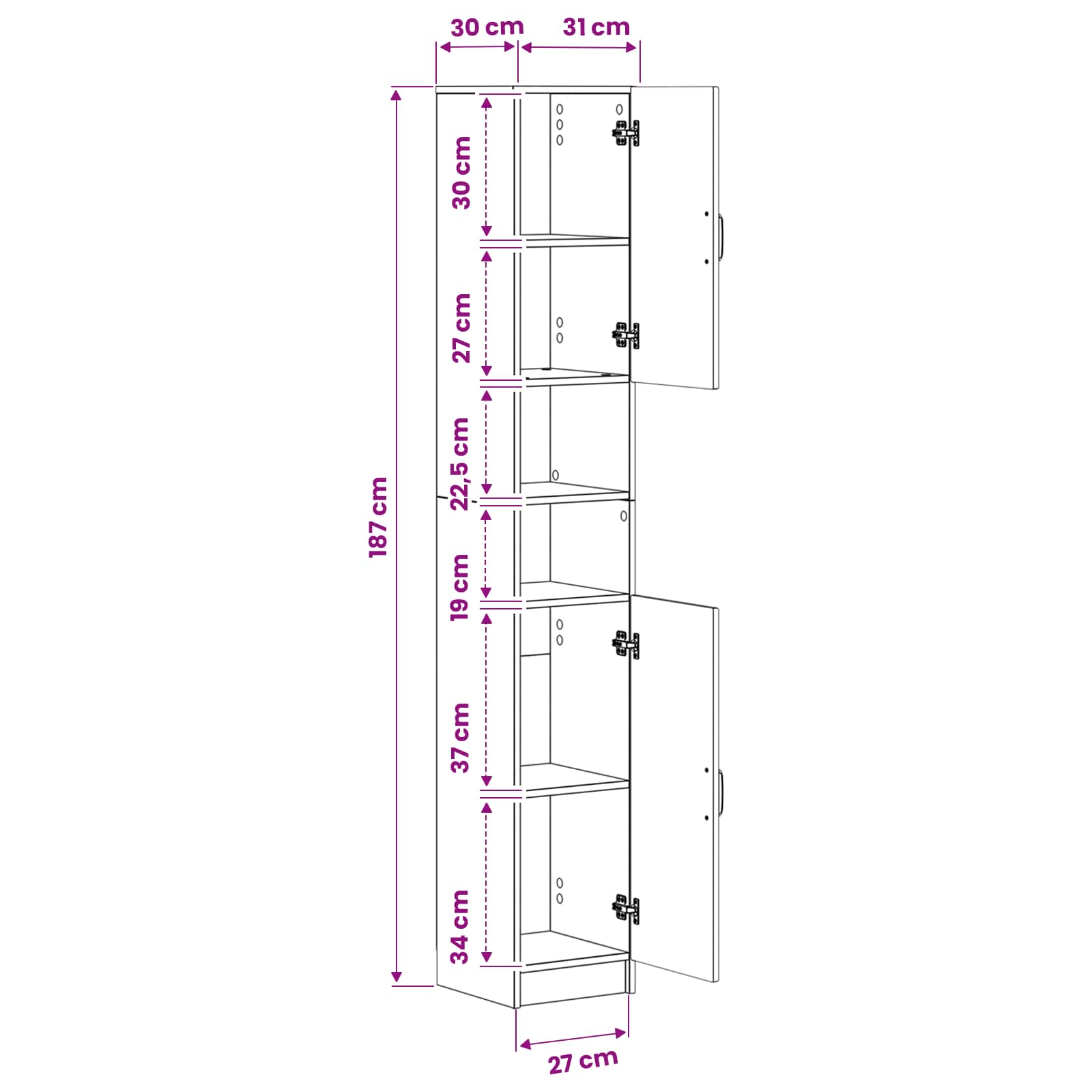 Bathroom Cabinet with Open Shelf UTRECHT White 30 x 31 x 187 cm
