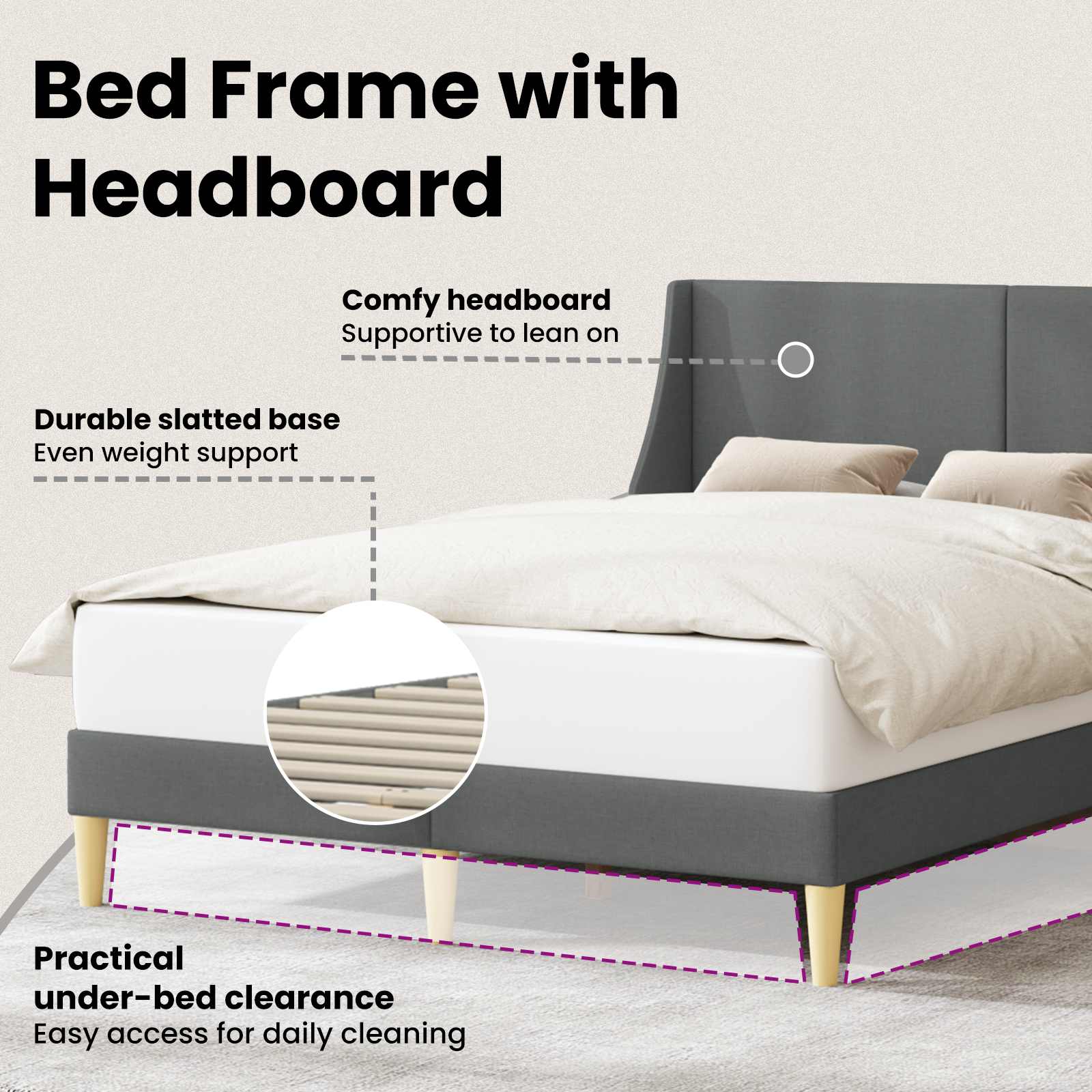 Bed Frame with Headboard Dark Grey 137 x 190 cm Fabric
