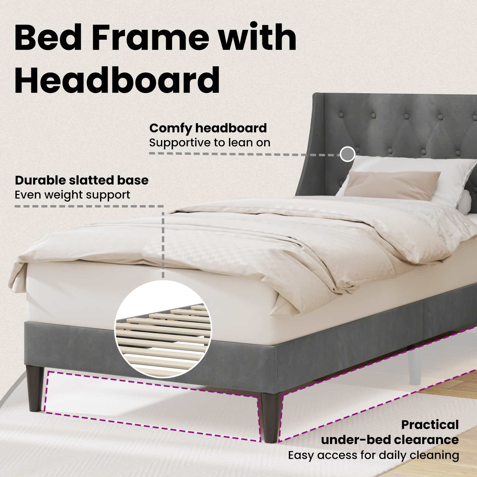 Bed Frame with Headboard Dark Grey 90 x 190 cm Velvet