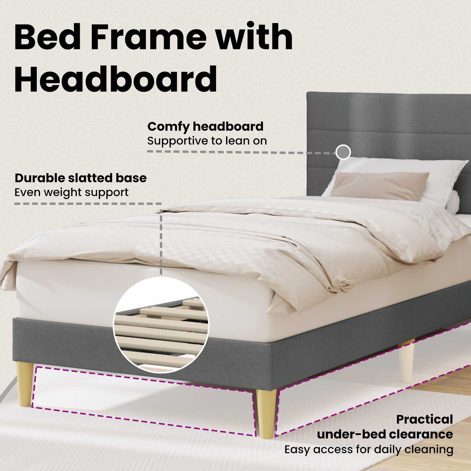 Bed Frame with Headboard Dark Grey 107 x 203 cm Fabric