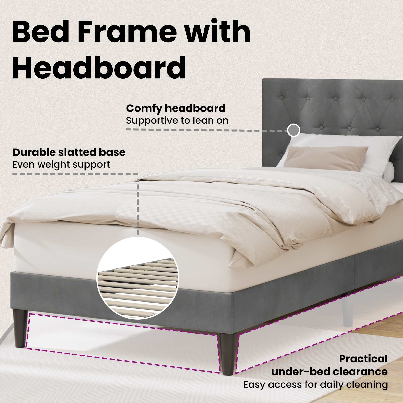 Bed Frame with Headboard Dark Grey 107 x 203 cm Velvet