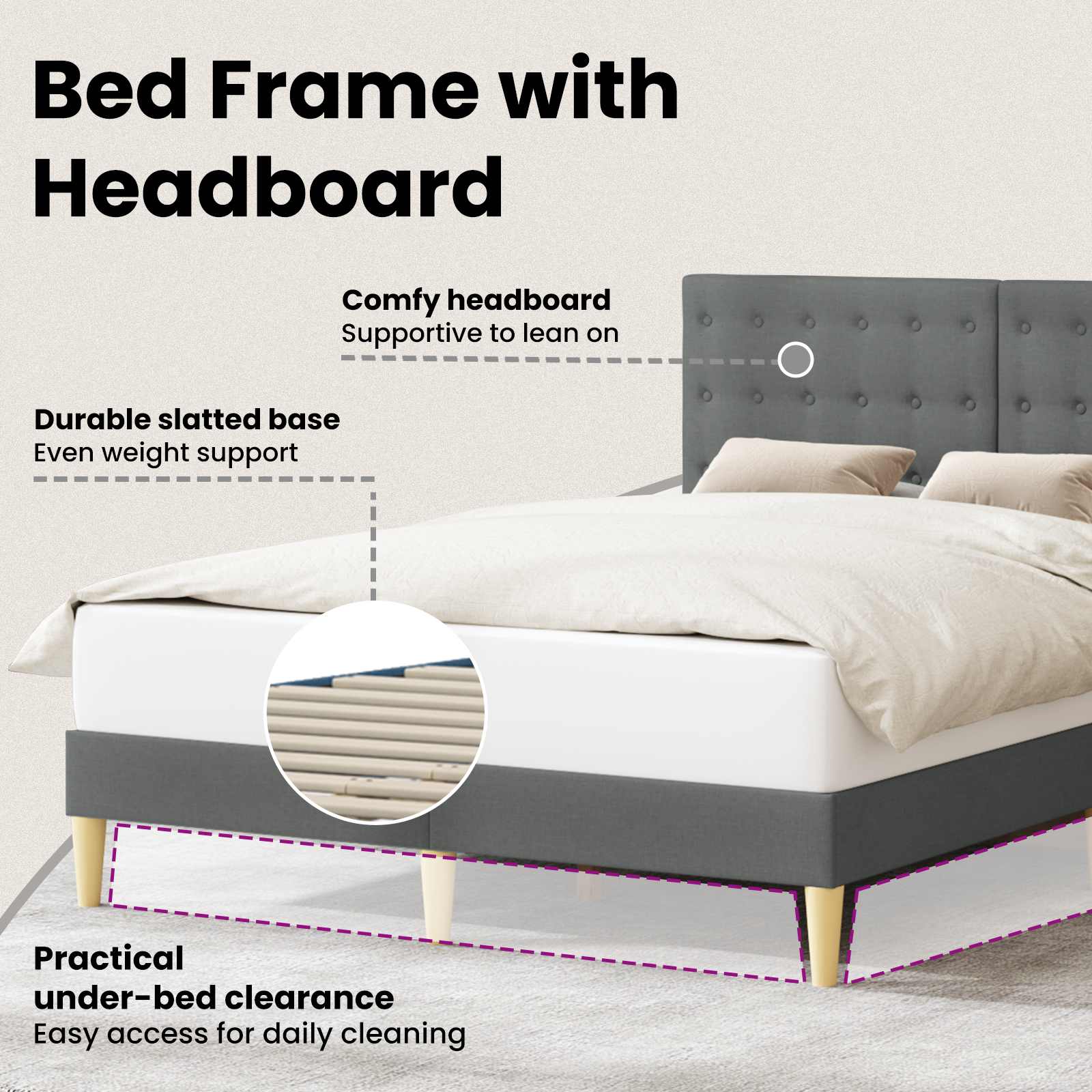 Bed Frame with Headboard Dark Grey 137 x 190 cm Fabric
