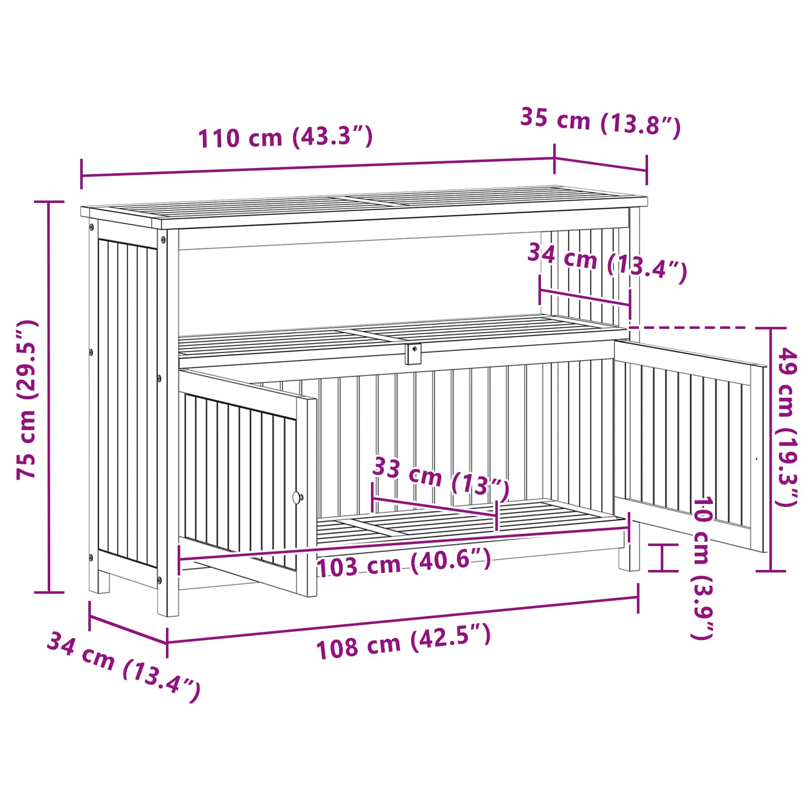 Garden Console Table with Storage Light acacia 110 x 35 x 75 cm