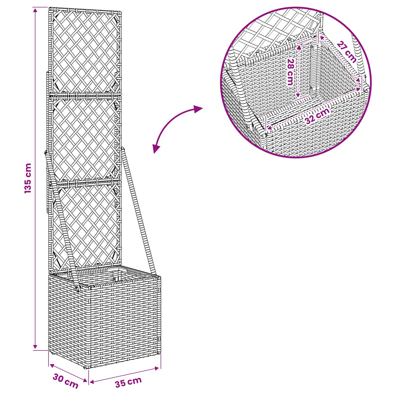 Garden Planter with Trellis Grey 35 x 30 x 135 cm Poly Rattan