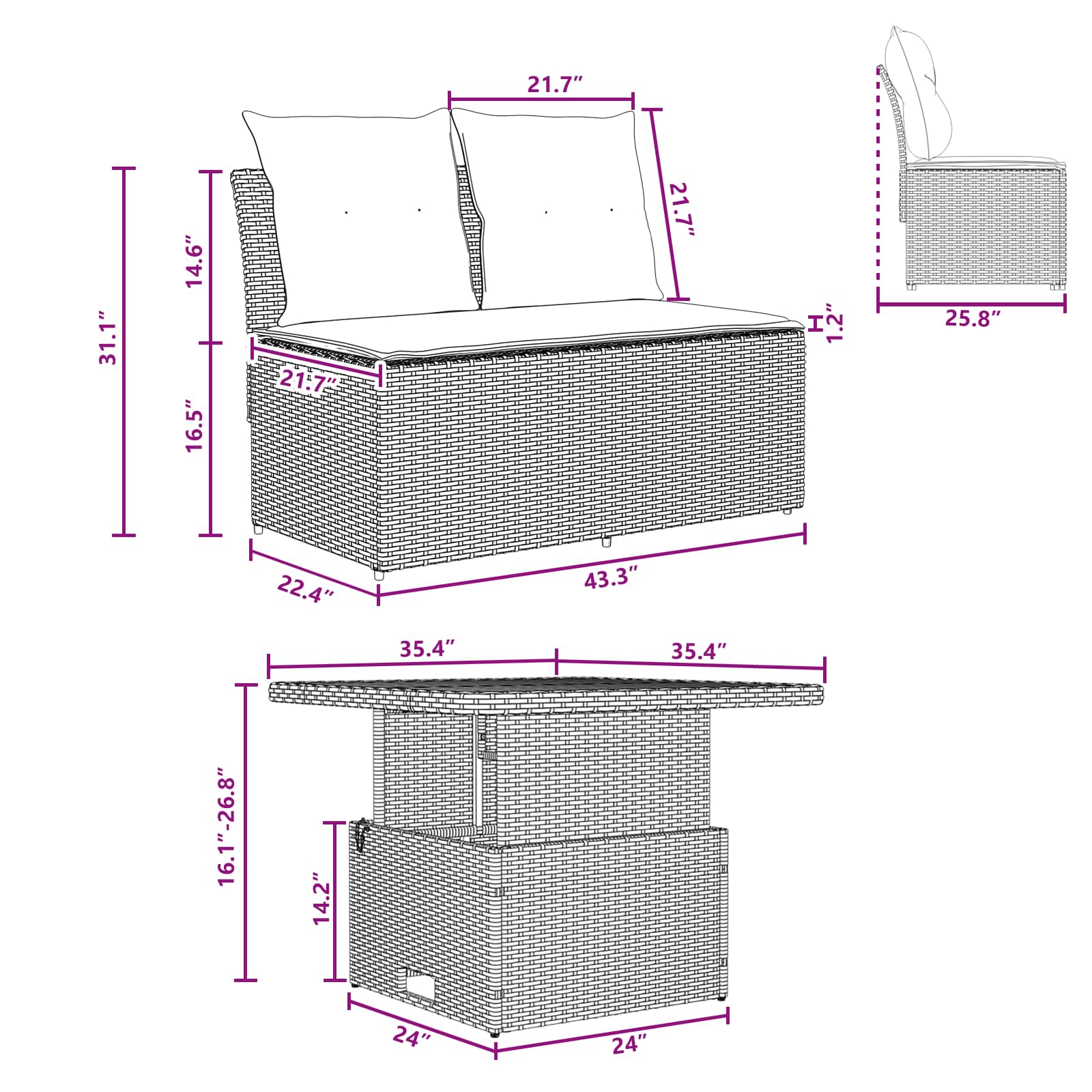 2 Piece Garden middle sofa with lift-up table Poly Rattan