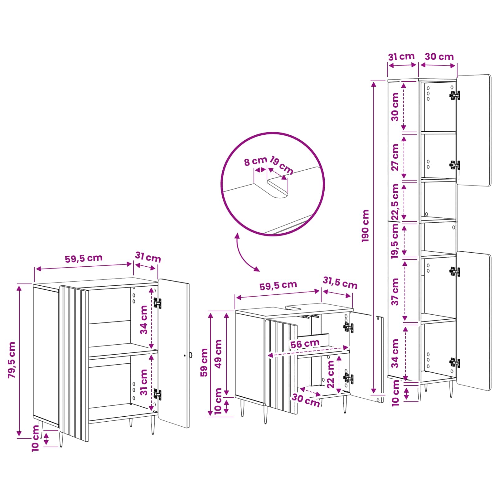3 Piece Bathroom Cabinet Set ZWOLLE White Engineered Wood