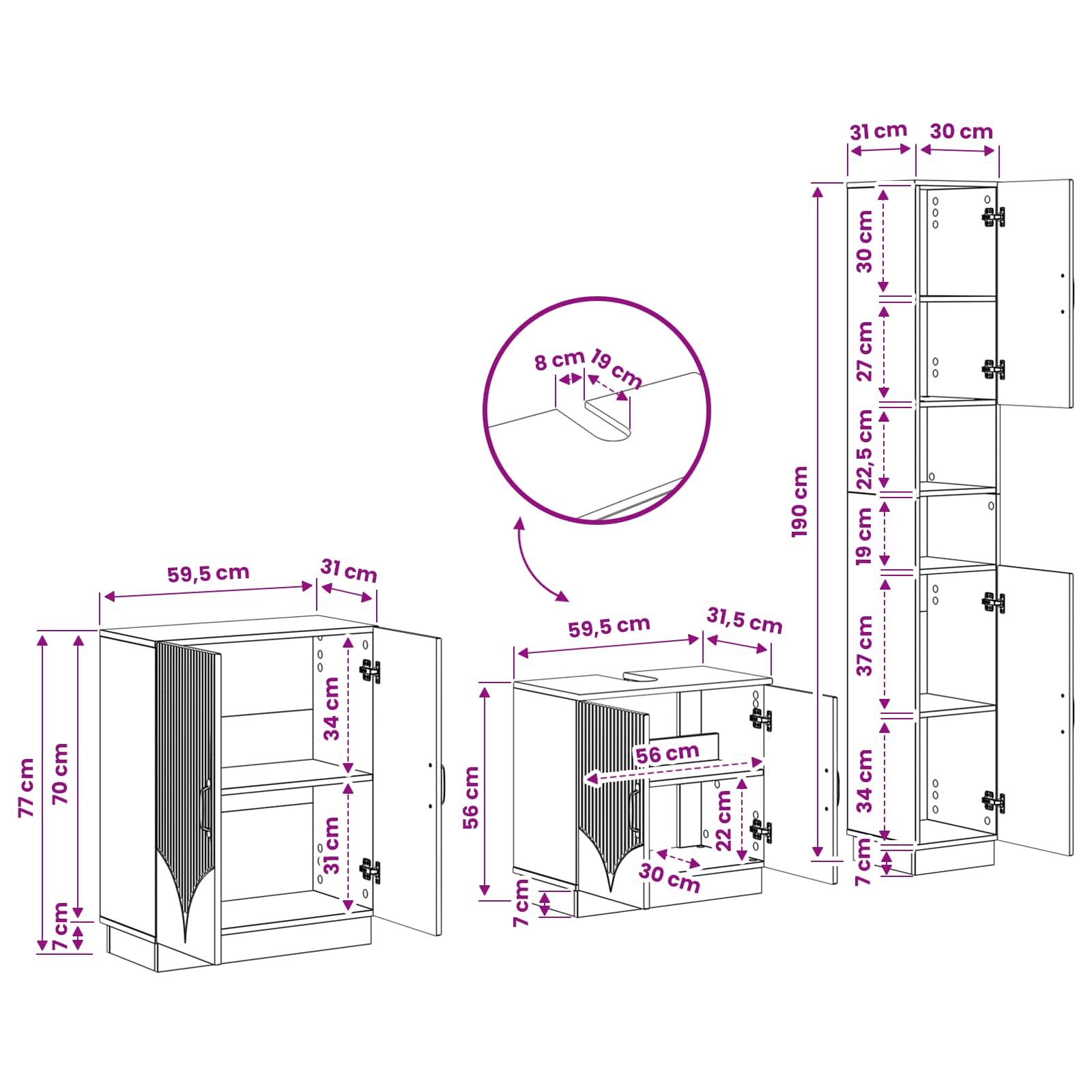 3 Piece Bathroom Cabinet Set HOORN White Engineered Wood